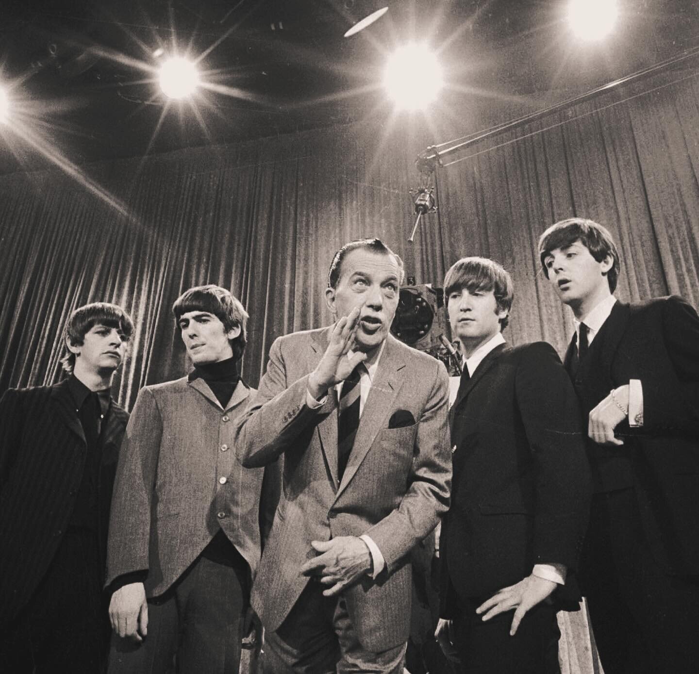 We watched the #beatles on the television at the neighbors house 60 years ago. Our fathers played cribbage on the brick stairwell outside while our mothers squealed with delight. #edsullivan #edsullivanshow #pauljohngeorgeringo everyone loved #ringo 