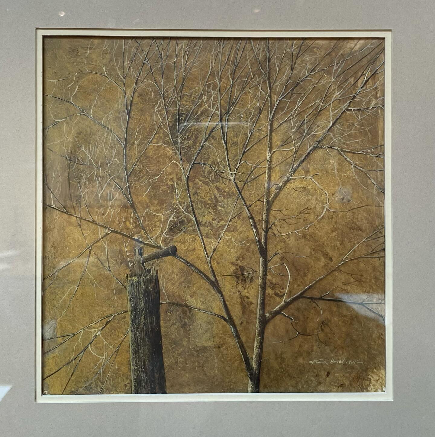 A #frankhowell #eggtempera painting delicately painted tree, reminiscent of his ethereal paintings of whispery haired #nativeamerican portraits, yet so very different a subject matter. Painted during his too short a year in #taos @$900. 14&rdquo;x16&