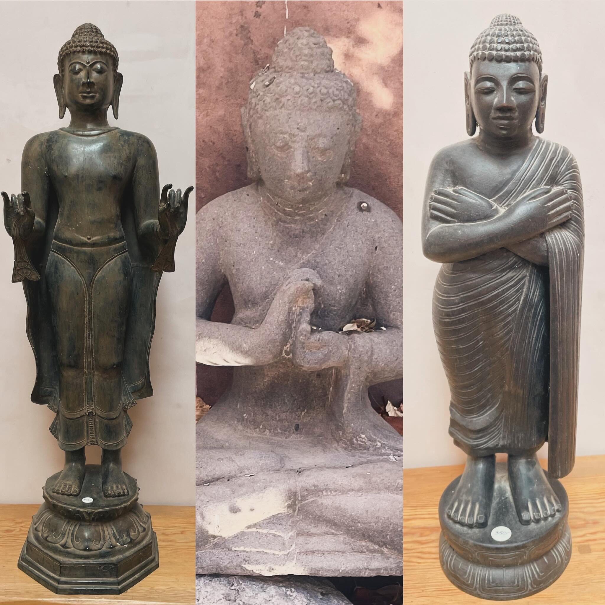 #buddha times 3 at the Sanchez #estatesale in #taos available for private appointments materials left to right, bronze, stone, wood #largeandincharge