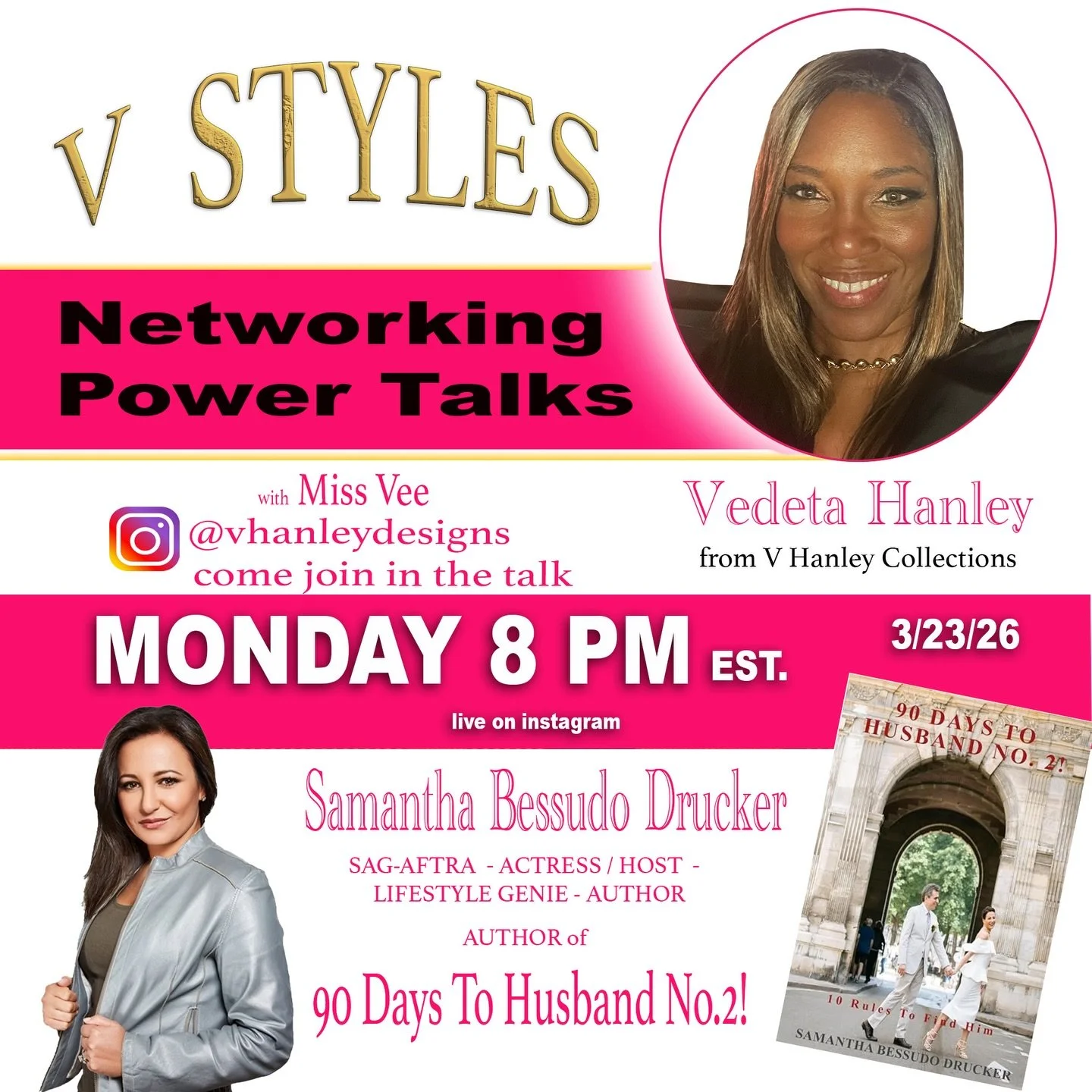 Tune in TONIGHT at 8pm to see my Instagram Live with Miss Vee on V Styles Networking Power Talks! 🤩

I always love my chats with Vedeta, she is a true star, and I know she&rsquo;ll have some great questions about my book! 📕 

Follow her page and tu