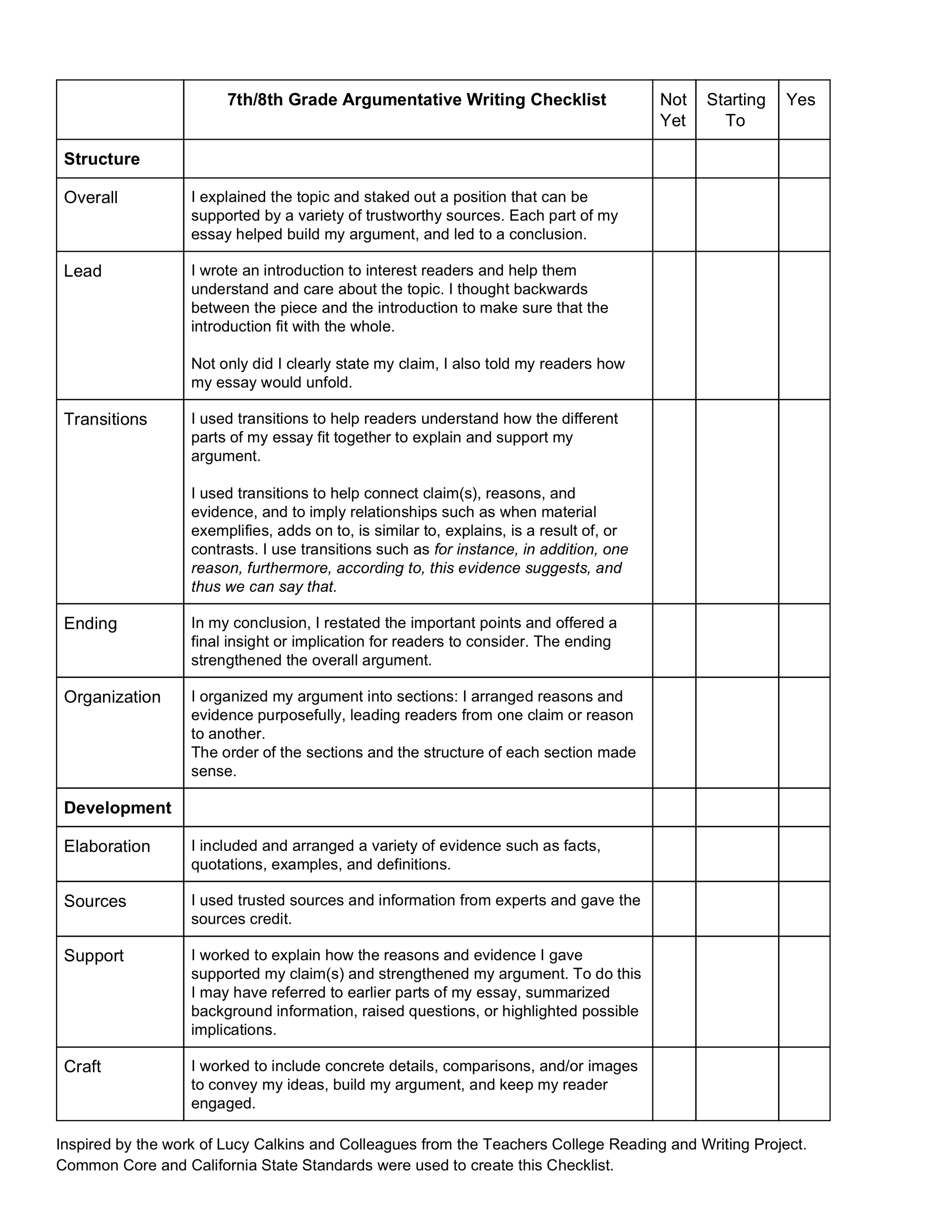 Writing Checklist Examples 7/8 Writing Checklist — Write a Little More