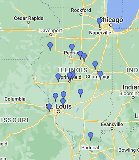 Map of Illinois with pins marking Illinois Local member business locations