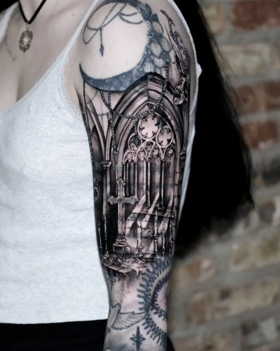 Upper arm tattoo gothic architecture window with jewels and fine line cyber sigilism 