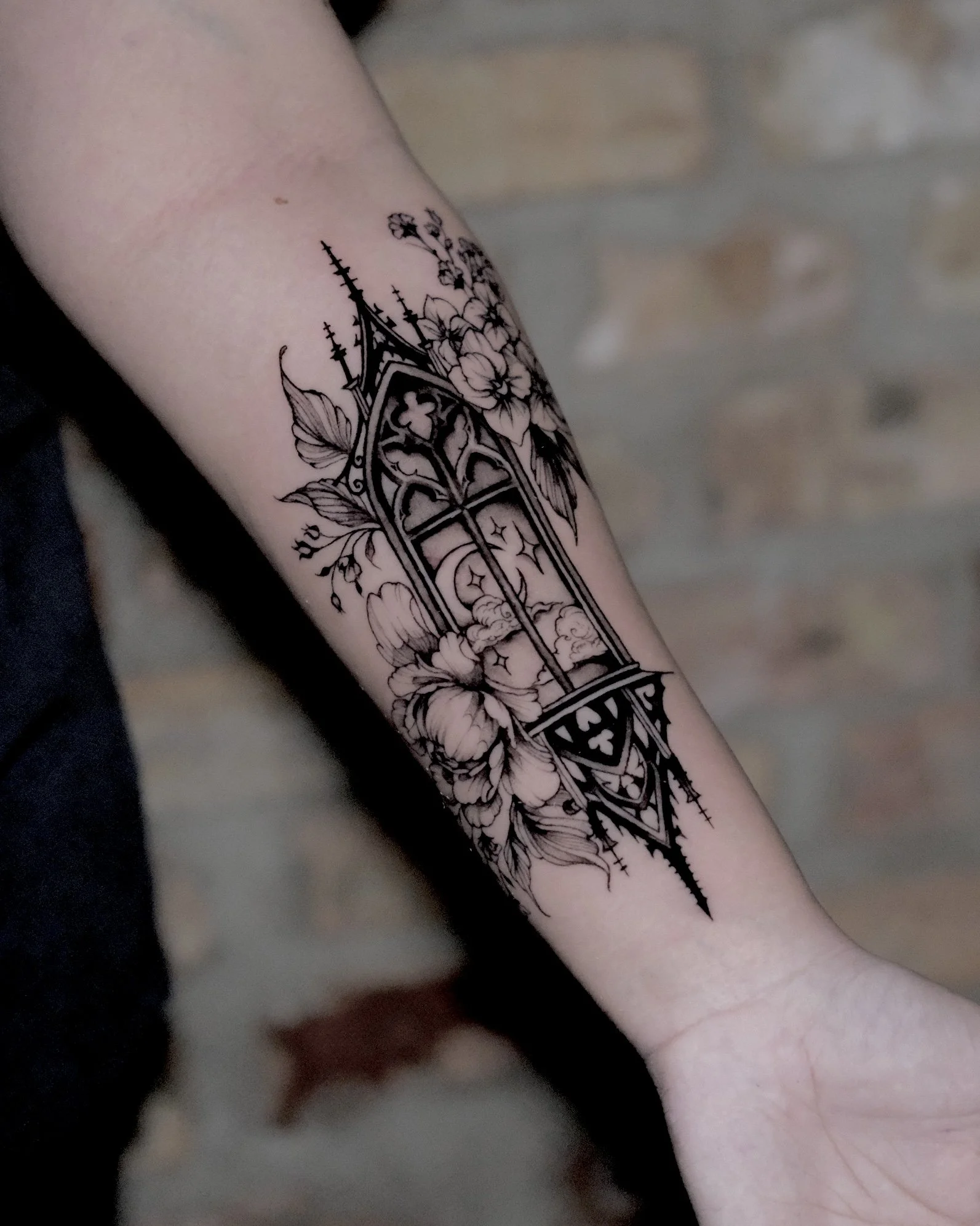 black and grey floral with gothic architecture tattoo design. High contrast with heavy use of negative space. elegant gothic 