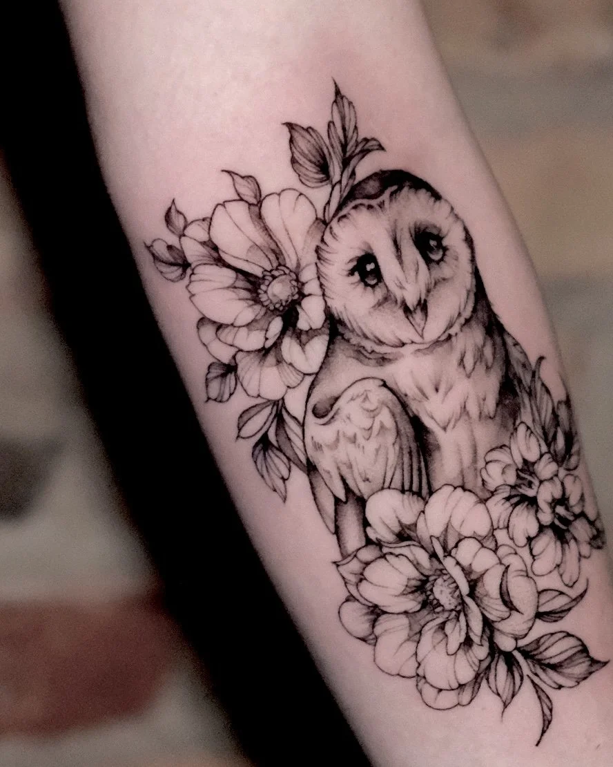fine line owl tattoo with flowers 