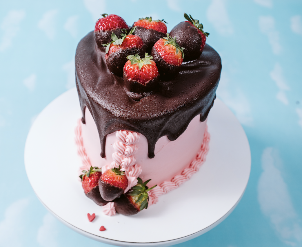 Chocolate cake, strawberry buttercream, chocolate ganache, chocolate covered strawberries