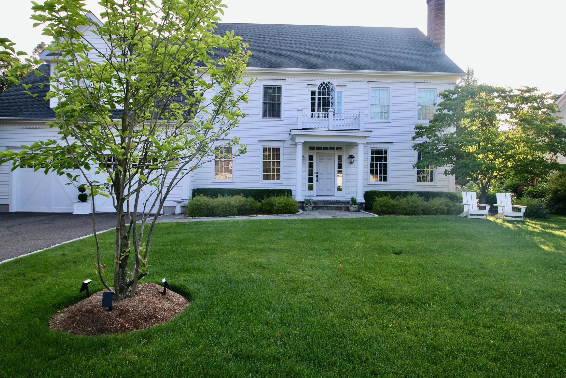 Front lawn and a classic white colonial house framed by trees