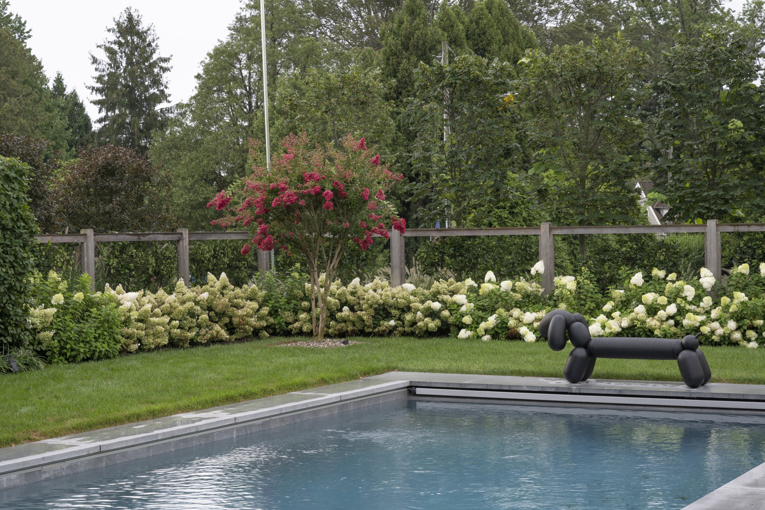 Corner of the pool with a sculpture, backed by white hydrangeas, a crape myrtle and a wood-and-wire fence.