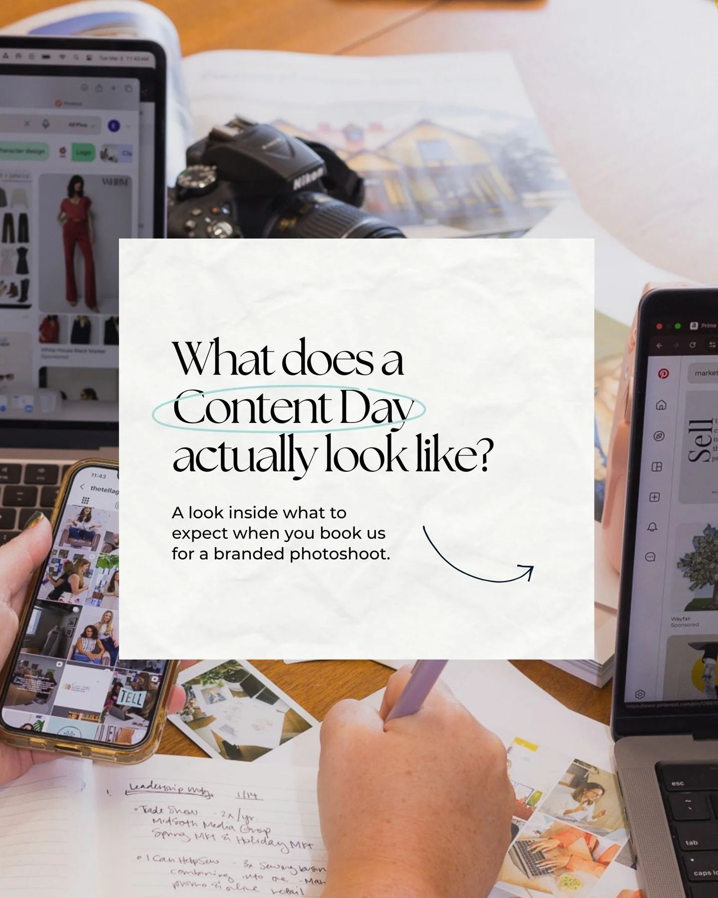 Our content days are the perfect option for small businesses, individuals, startups, and you! After a planning meeting and approved mood board, you get: 12 complete posts (8 reels and 4 static) and all photos taken during your 2-3 hour shoot. 

Call 