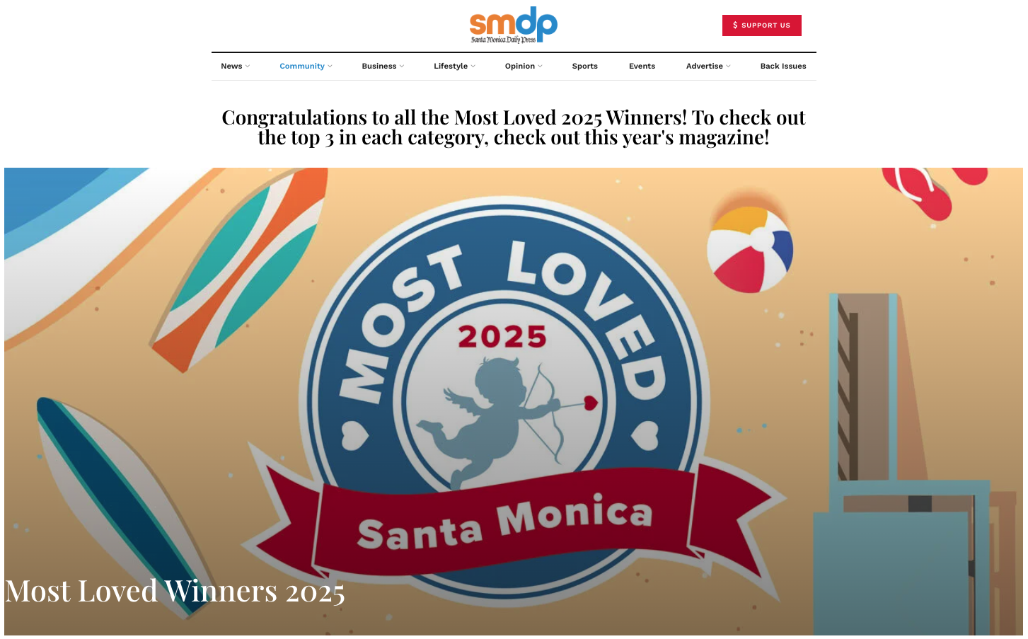 Graphic celebrating the 2025 Most Loved Winners in Santa Monica, featuring a blue circular seal with cupid holding a bow and arrow, surrounded by beach umbrellas, a beach ball, and a lifeguard tower on a sandy background.