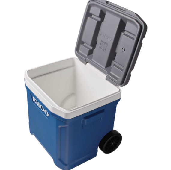 Open Igloo cooler with empty interior and wheels at the bottom.