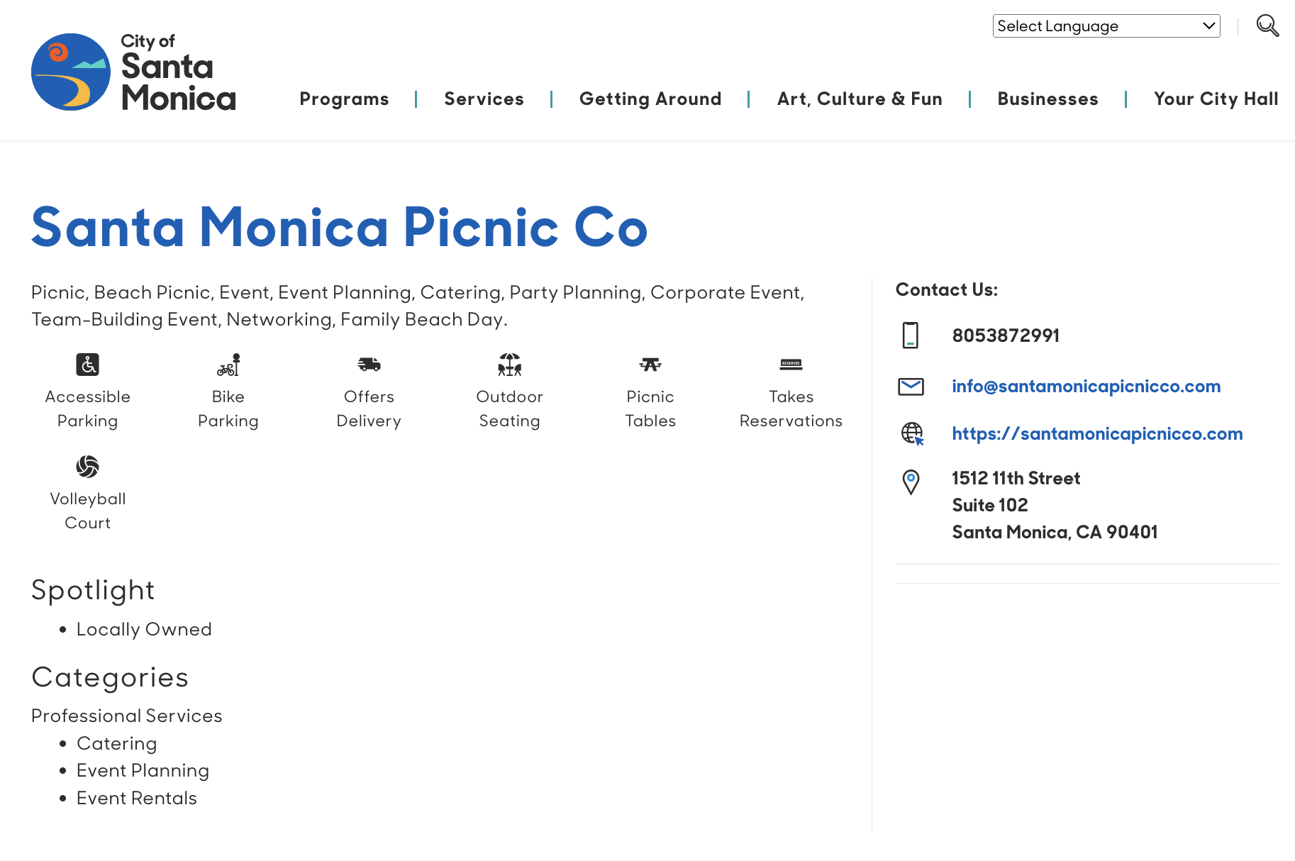 Screenshot of the Santa Monica Picnic Co webpage, displaying contact information, services offered including outdoor seating and picnic tables, and icons for accessible parking, bike parking, and volleyball court