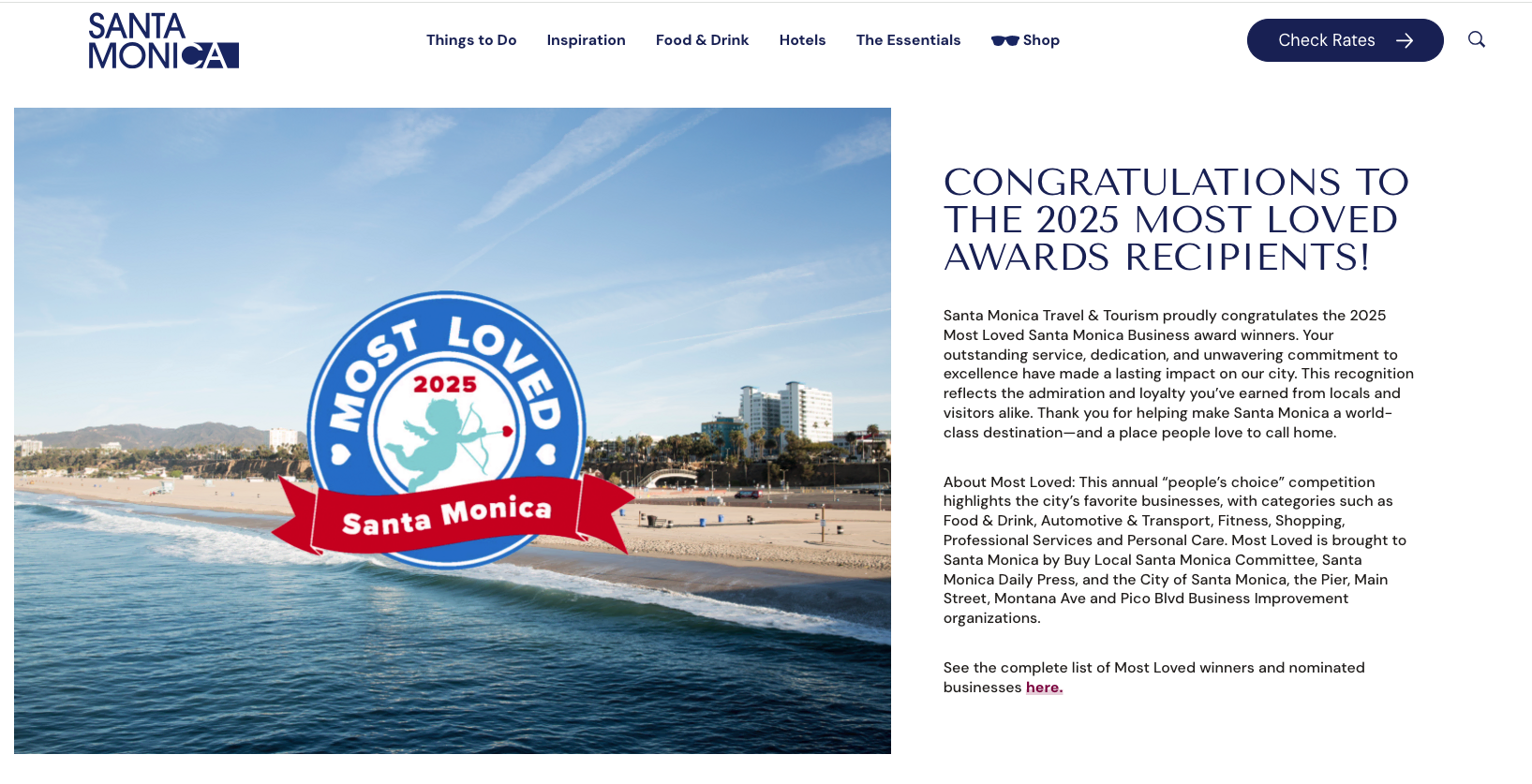 Santa Monica travel website announcing the 2025 Most Loved Awards with a beach scene and a circular logo featuring a cherub with a bow and arrow, and text "Most Loved Santa Monica 2025."