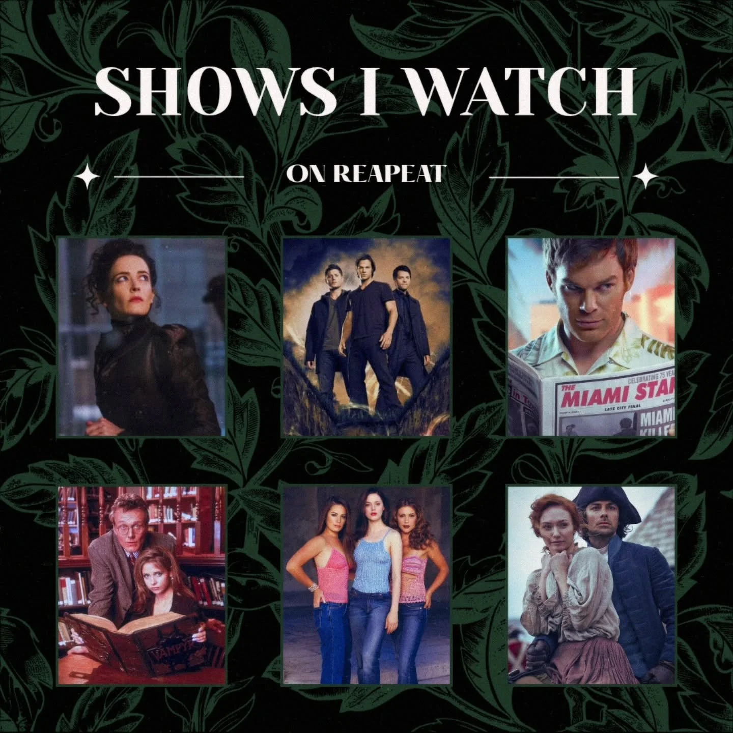 📺 I am addicted to TV &amp; always looking for a new show, but I always go back to what's tried &amp; true.
&bull;
Buffy the Vampire Slayer, Charmed, and Supernatural were some of my early writing inspirations, but Penny Dreadful, Dexter, &amp; Pold