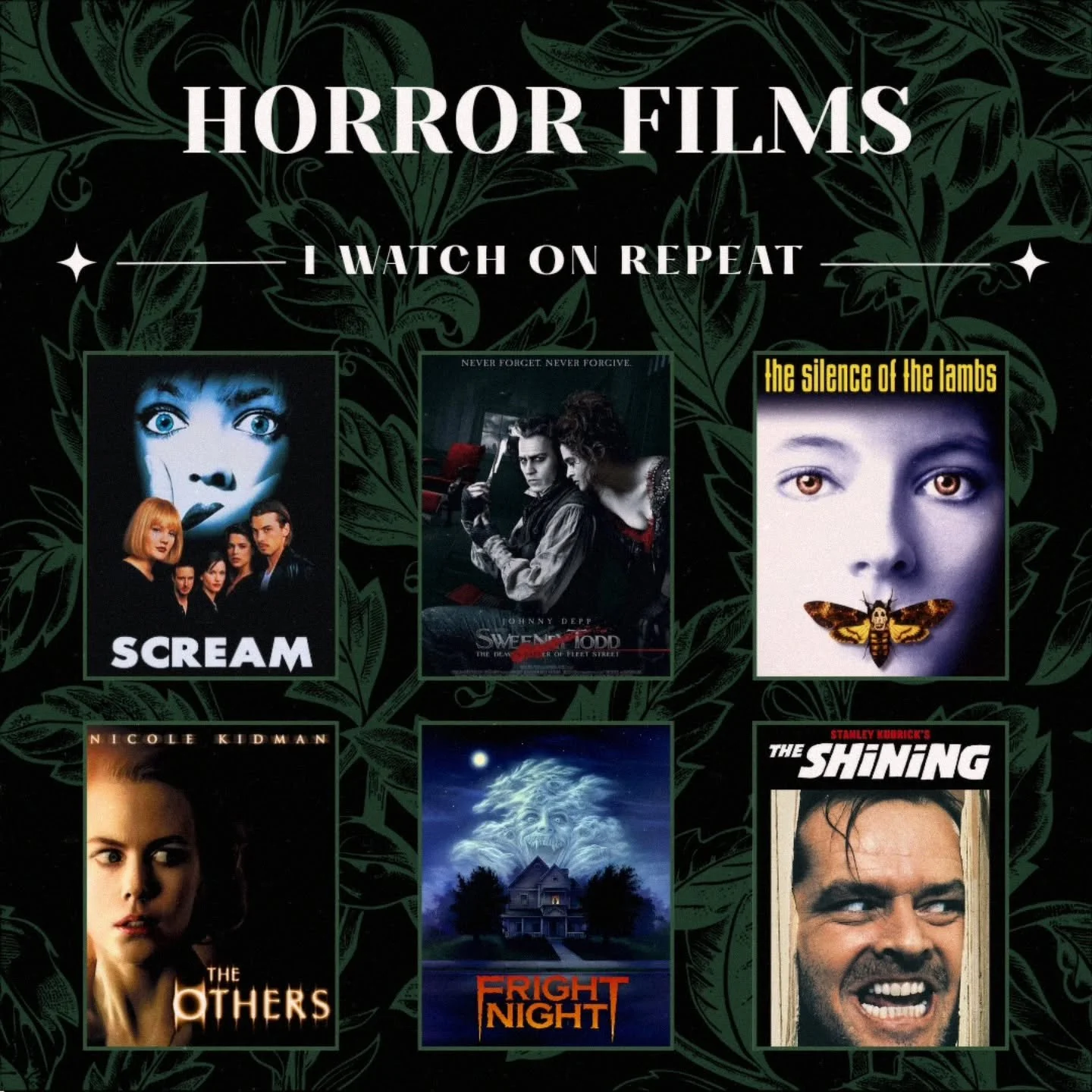 🎃 In need of a last minute Halloween movie pick? These are my go-to movies 🎃
&bull;
Scream is one of my all-time favorite movies, along with Sweeney Todd &amp; Silence of the Lambs. The Others was the first ghost movie to actually creep me out, Fri