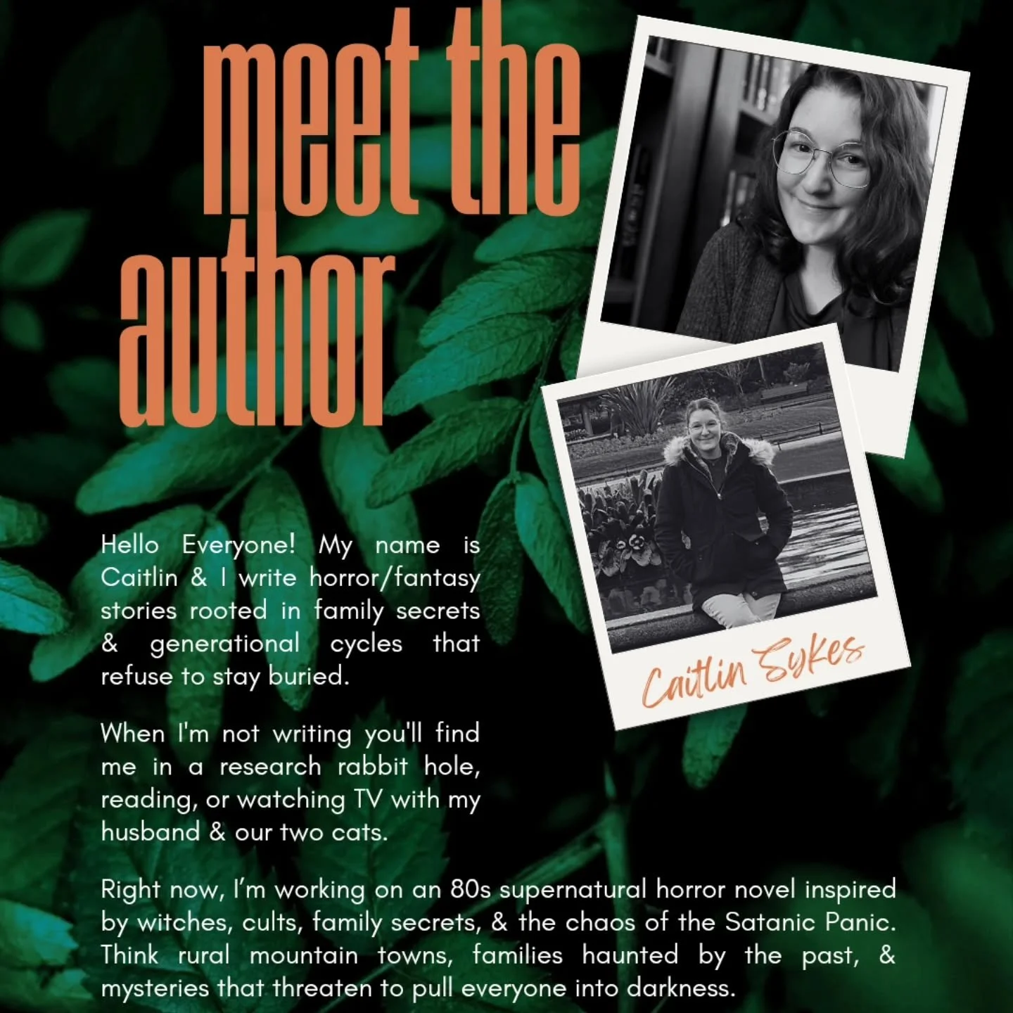 Hello &amp; happy Monday 😊 
.
It's been awhile since I introduced myself, so I thought I'd pop in with a little intro.
.
My name is Caitlin &amp; I write horror/fantasy books ripe with family secrets &amp; mystery. Currently I'm working on a story s