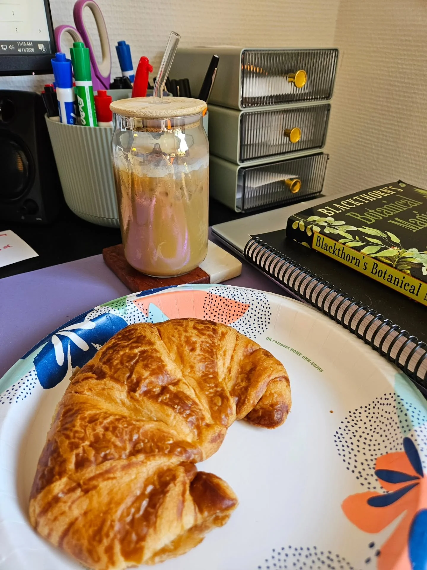 Happy Saturday 🌤

Enjoying a slow start with my iced coffee &amp; croissant 🥐😋

I'm also enjoying my time away from social media. It's made a big difference in my overall productivity &amp; stress level 😅

Still chugging along with my outline &am