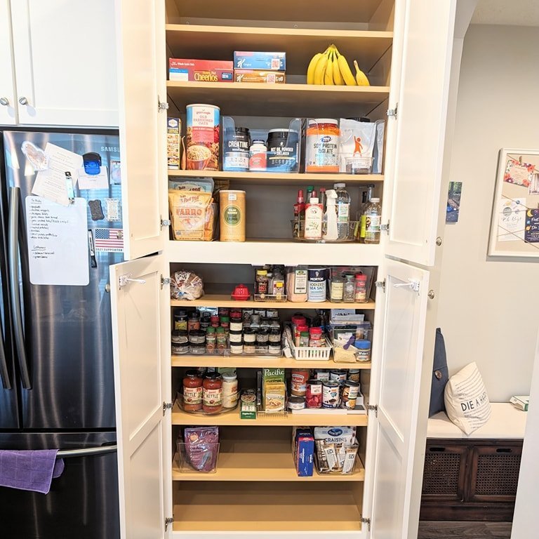 Working on a few larger projects this month but we were blessed with this smaller (2 hour, 2 organizer) home pantry project last week. 
Check out the afters and then swipe over to see where we started. Just a few product suggestions allowed this fami