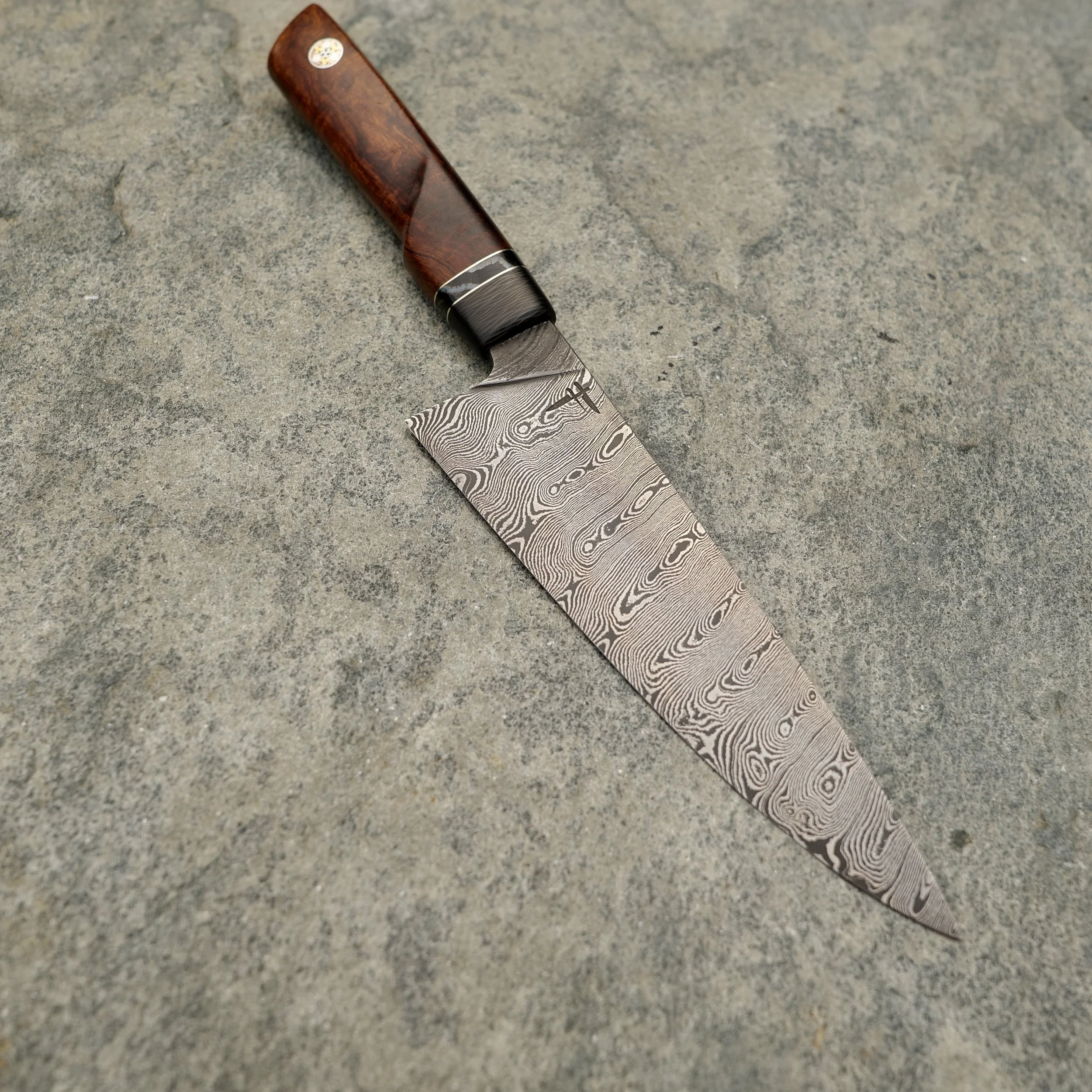 #24  - Mini Chef - Hidden tang - High Carbon Twist Damascus - Mammoth Tooth - Iron Wood Burl - 3 mm - 6.5"
