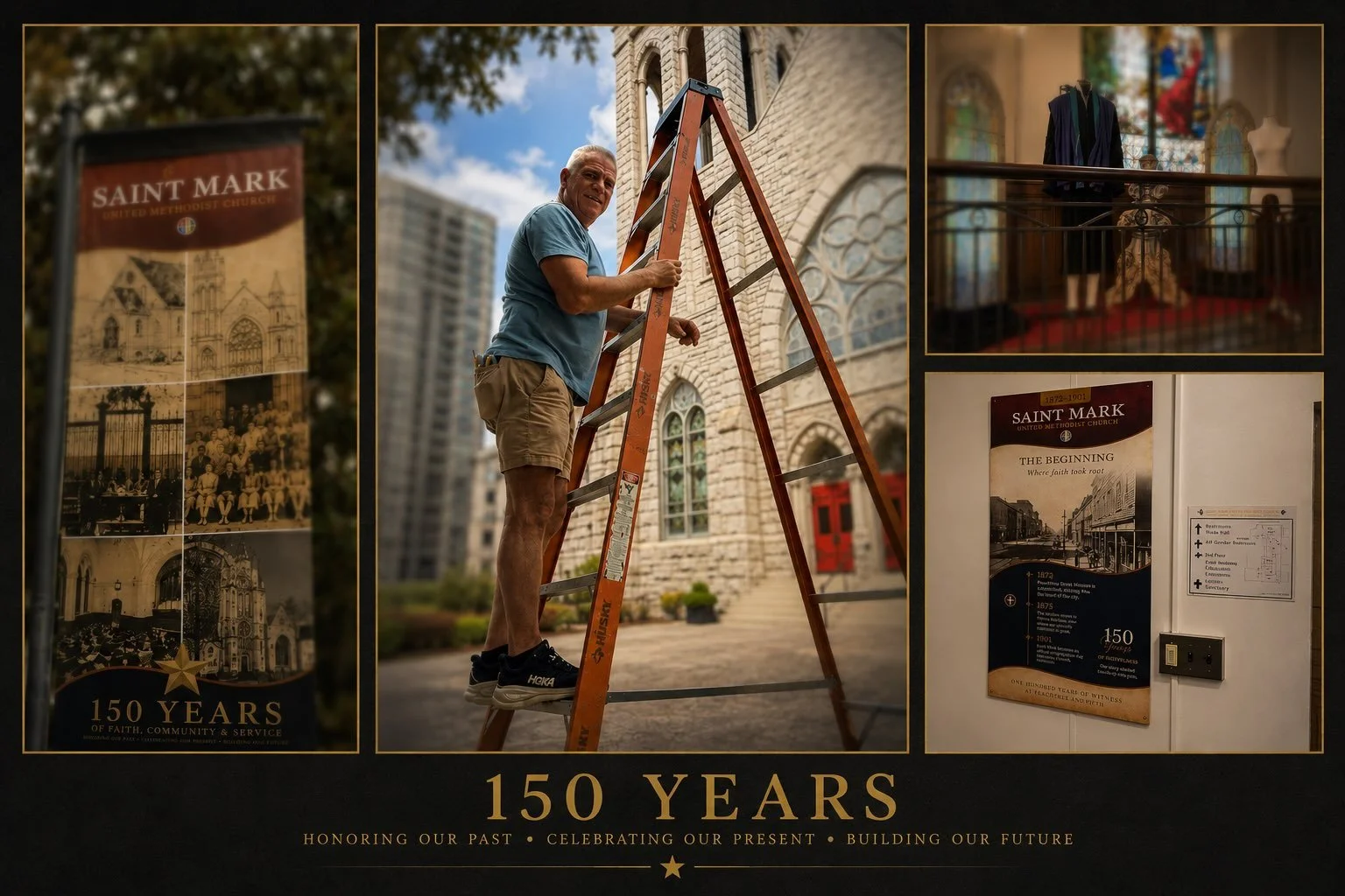 We&rsquo;re getting ready for Homecoming, Saint Mark United Methodist Church style!
Outside, new banners are letting our community know we&rsquo;re celebrating 150 years. Inside, a special anniversary exhibit is taking shape, along with a sanctuary v