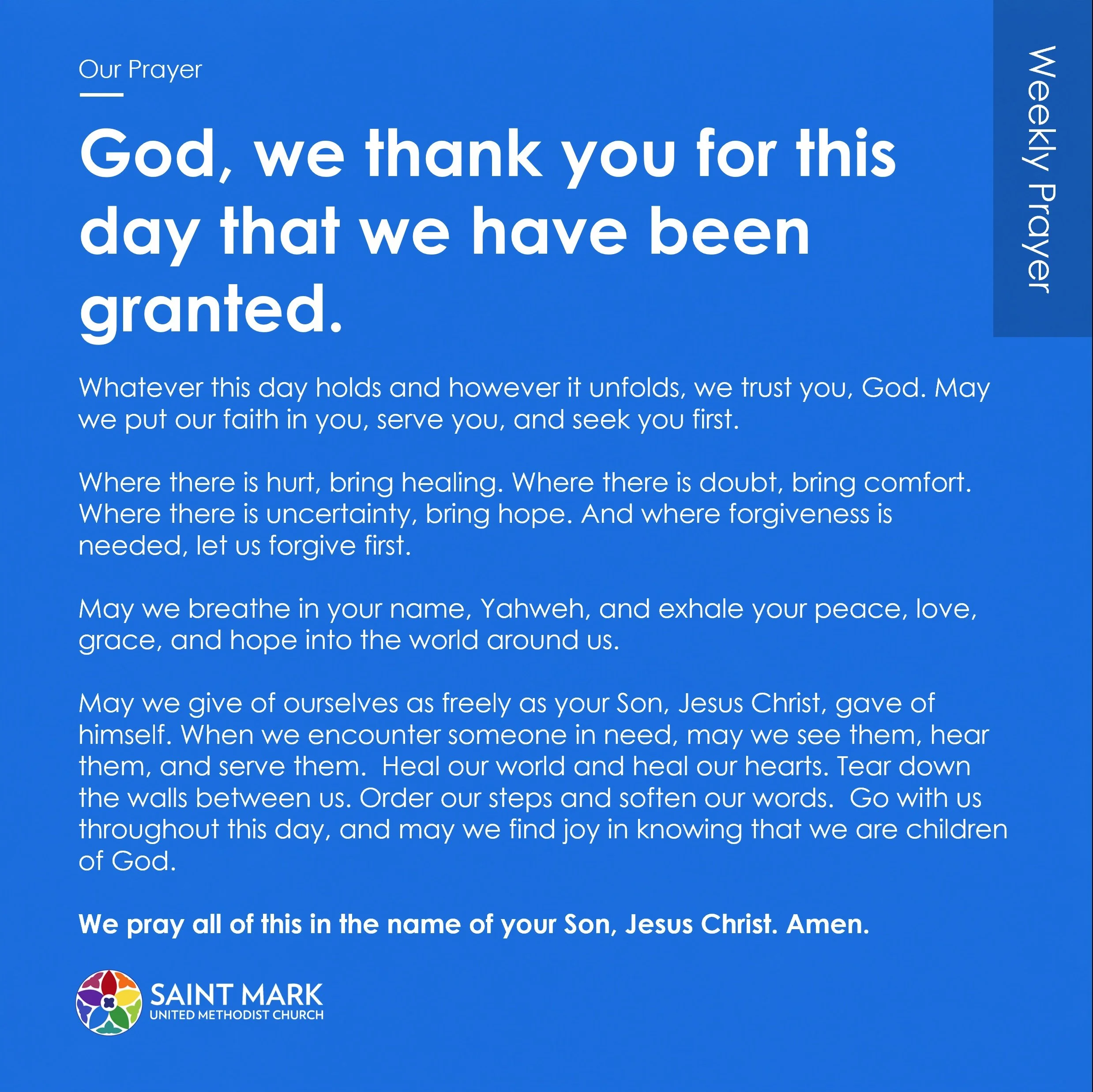 𝗟𝗲𝘁 𝘂𝘀 𝗽𝗿𝗮𝘆 𝘁𝗼𝗴𝗲𝘁𝗵𝗲𝗿. 

Whatever this day may hold, may we enter it trusting God, seeking opportunities to love, serve, forgive, and bring hope to those we encounter.

Take a moment today to pause, breathe, and pray with us.

If you 
