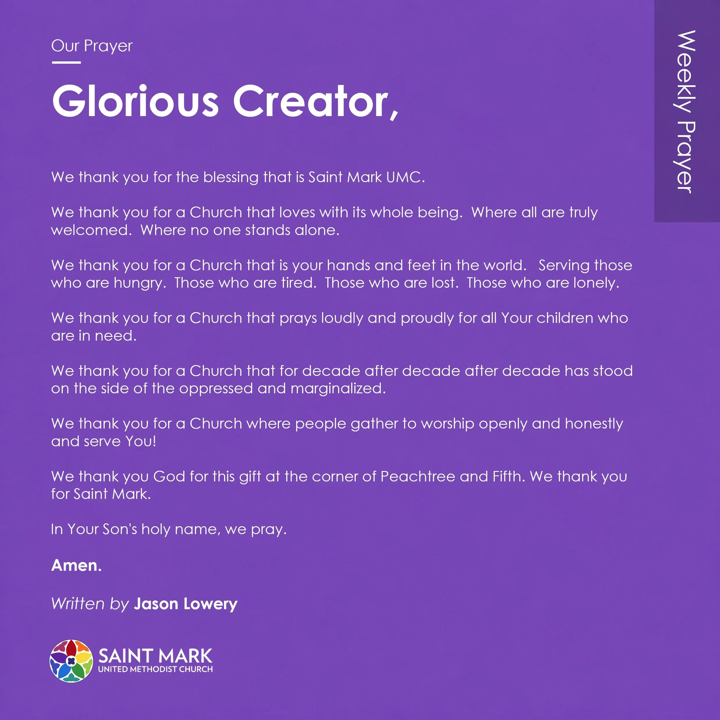 Let Us Pray Together.

Today, we give thanks for Saint Mark&mdash;a place where love is lived out loud, all are welcomed, and no one stands alone. 

Need prayer? Whether you're carrying a burden, celebrating a blessing, or praying for someone you lov
