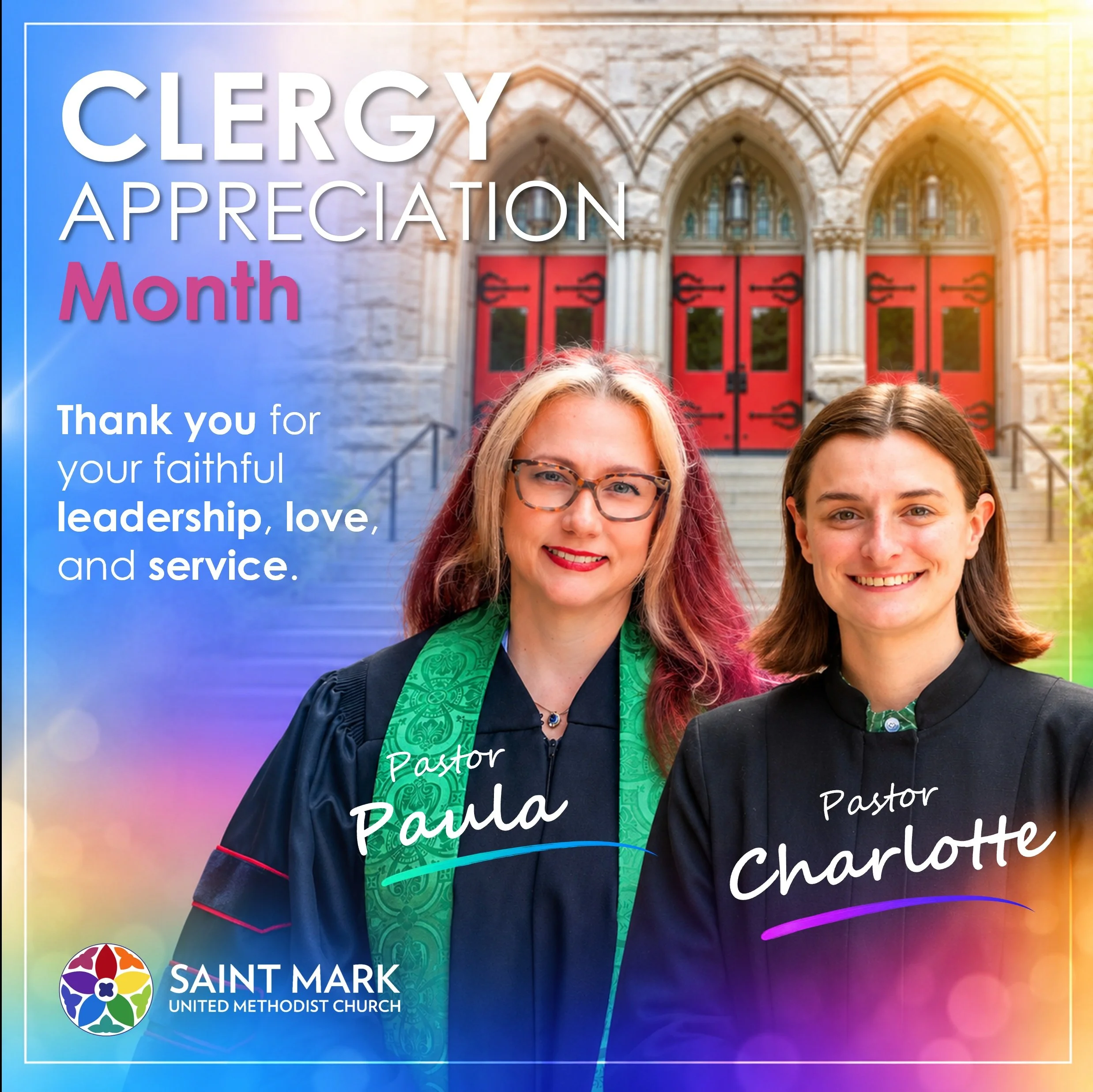 Celebrating Our Pastors!

October is Clergy Appreciation Month, and we give thanks for Pastor Paula and Pastor Charlotte!

Thank you for the love, laughter, care, and leadership you bring to Saint Mark. We are so blessed to have you!

@stmarkumcatl f