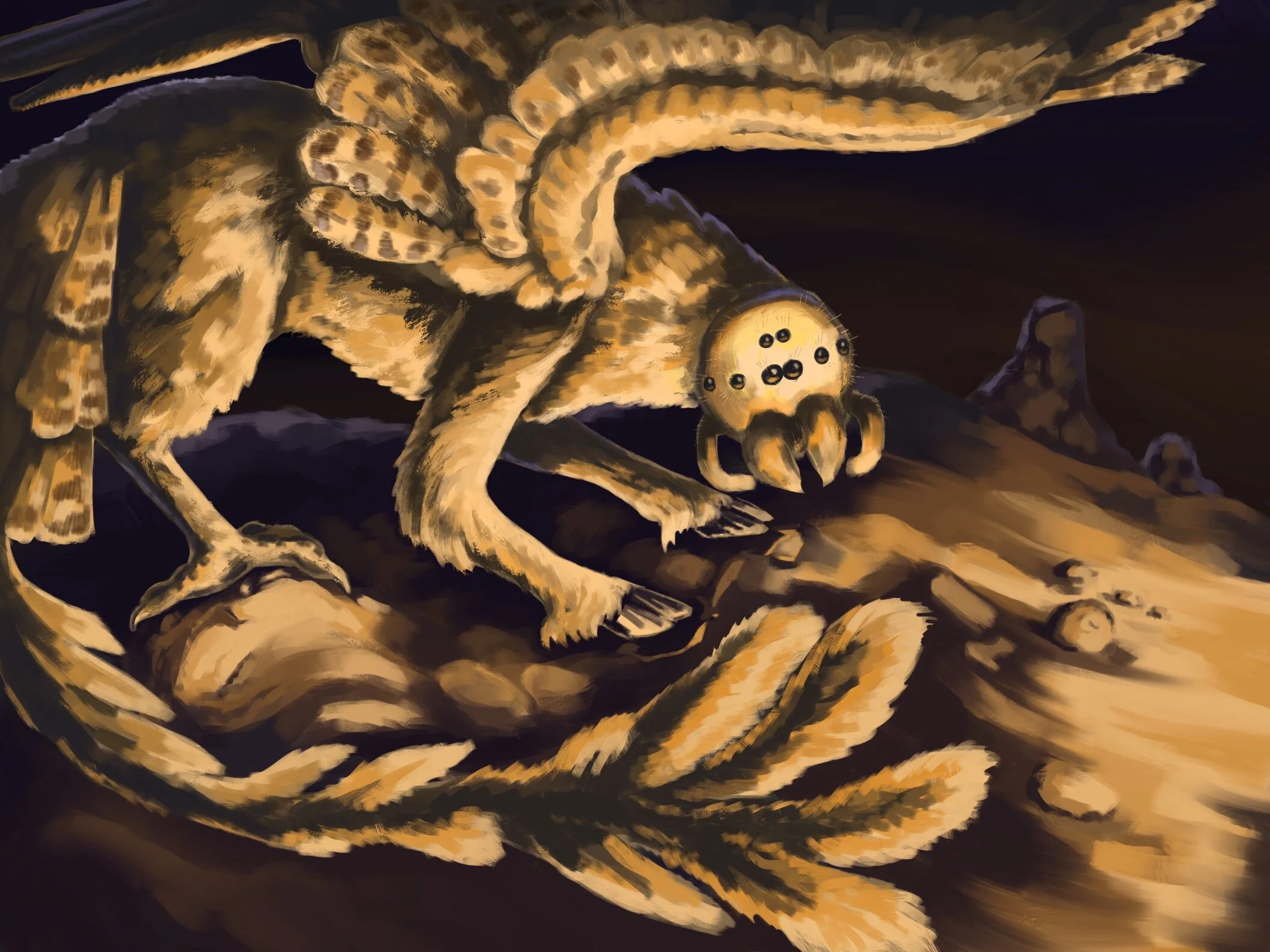 A painting in which I put together features from goats, birds, and spiders to create a new creature.