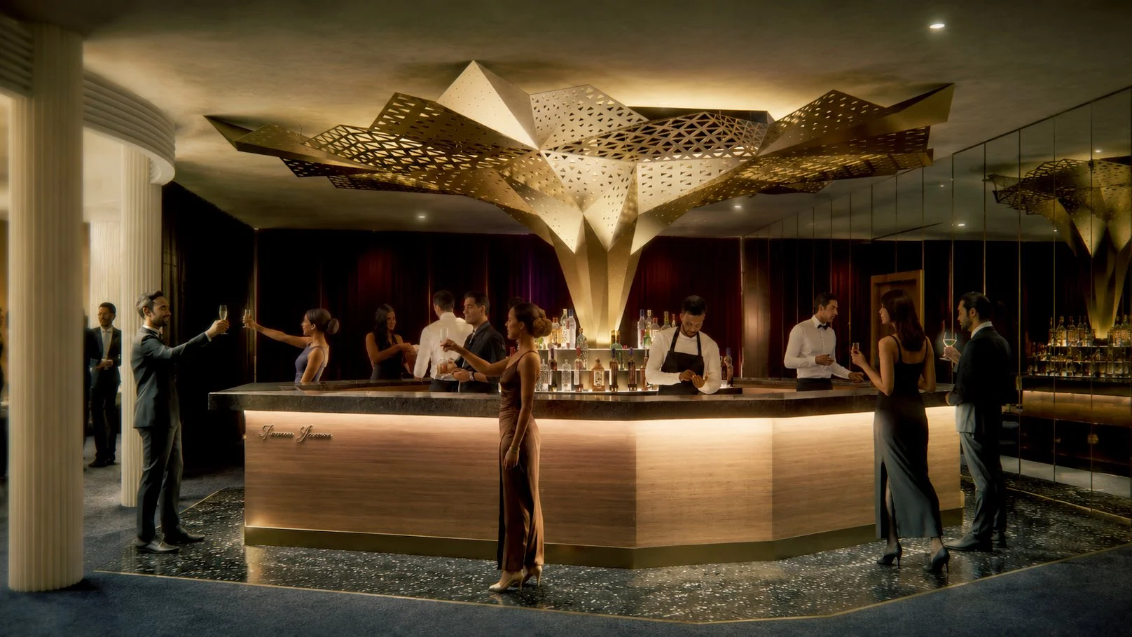 Saban Theatre bar in Beverly Hills featuring a sculptural illuminated Tree of Life centerpiece, custom bar design, and a dramatic hospitality interior.