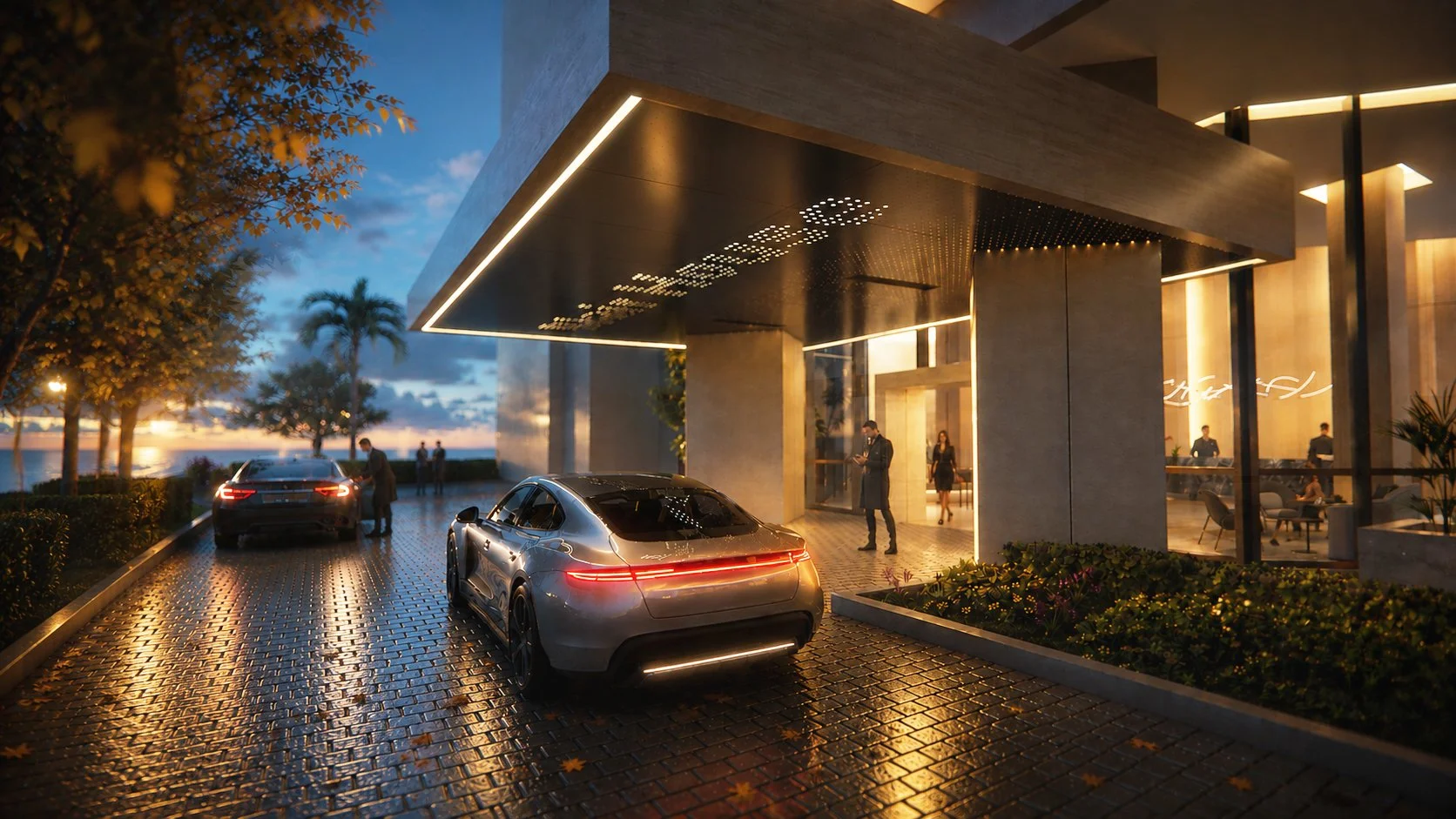 Blair House porte cochere and lobby arrival experience in Westwood, Los Angeles, featuring travertine cladded canopy, perforated metal ceiling, and integrated illuminated logo.