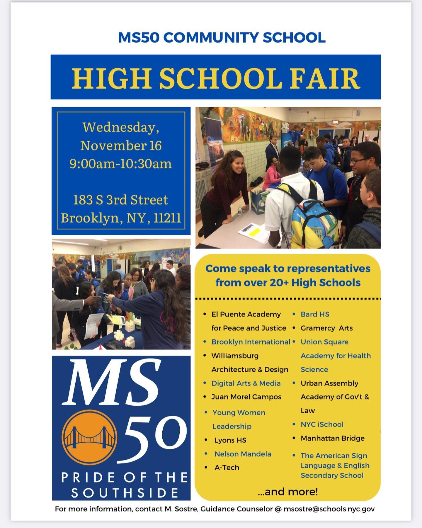 We&rsquo;re excited to be hosting a High School fair for all of our 8th graders this WEDNESDAY 11/16 from 9-10:30am. We have over 20 High Schools represented, you don&rsquo;t want to miss this!