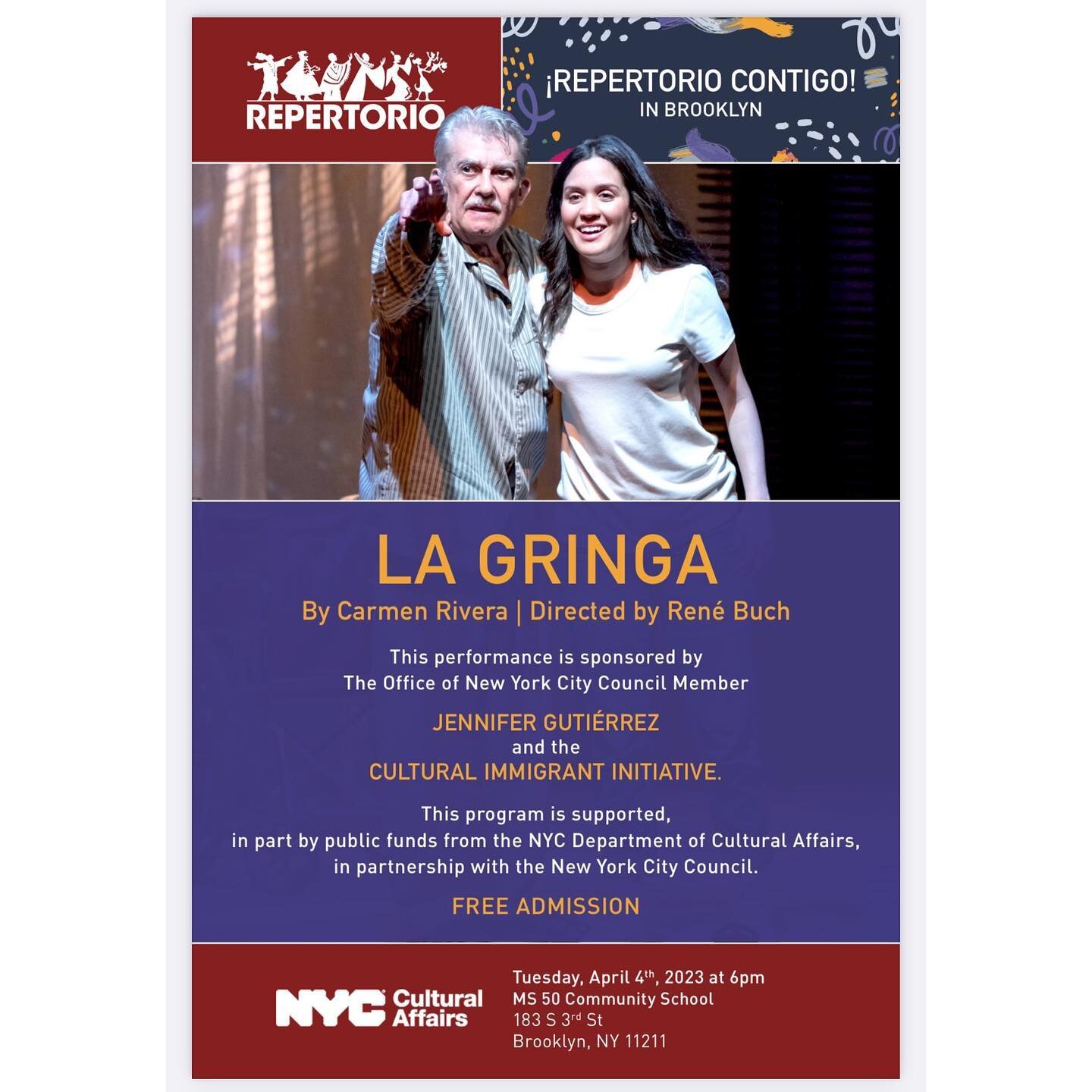We&rsquo;re excited to be partnering with @cmjengutierrez , @nyculture &amp; @repertorionyc to bring you a special showing of LA GRINGA. This is a FREE event for the community on April 4th at 6pm.