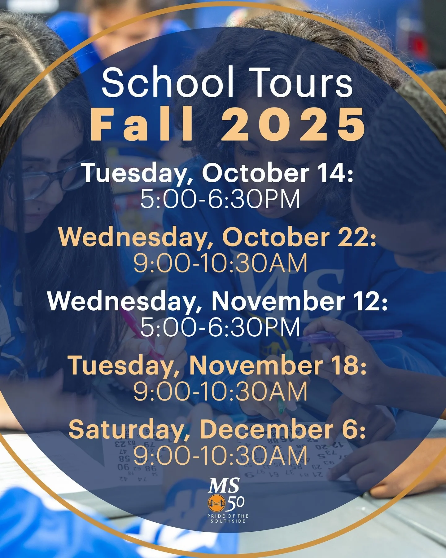 Our school tour dates are now available on our website!
Tuesday, October 14: 5:00-6:30PM
Wednesday, October 22: 9:00-10:30AM
Wednesday, November 12: 5:00-6:30PM
Tuesday, November 18: 9:00-10:30AM
Saturday, December 6: 9:00-10:30AM
All tours are in