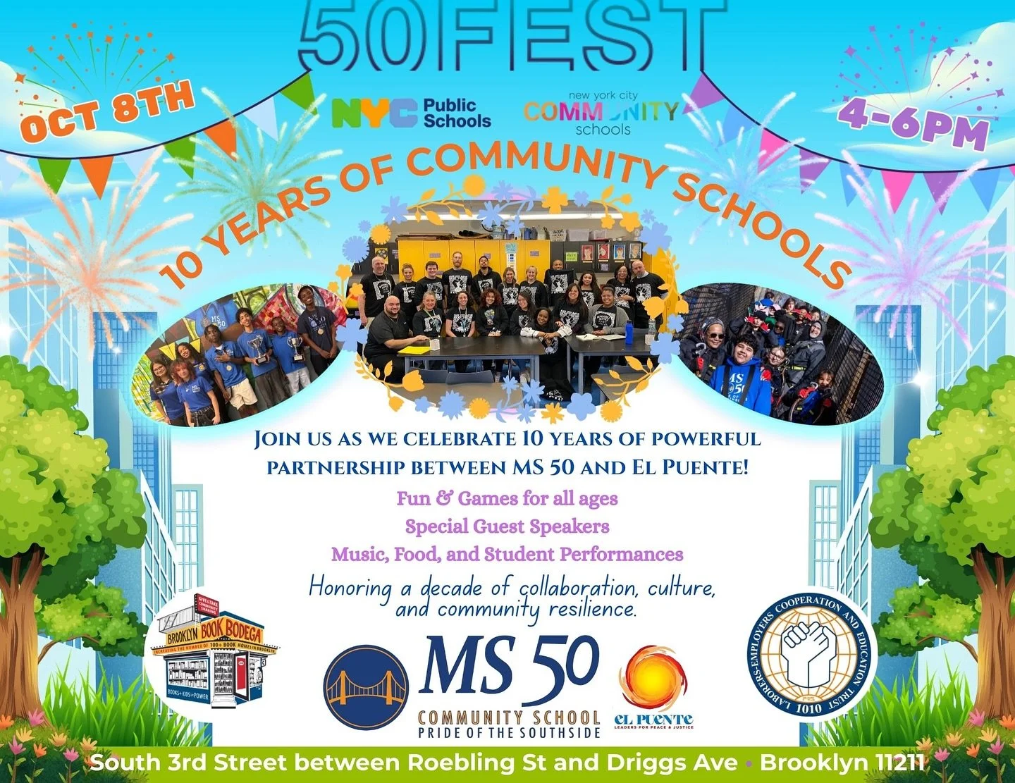 Calling all MS 50 students, alumni, and families! It is our 10 year anniversary of becoming a Community School partnered with @elpuentepresente and we are celebrating and want you to join us!
50 Fest is happening on October 8 from 4-6PM in front of