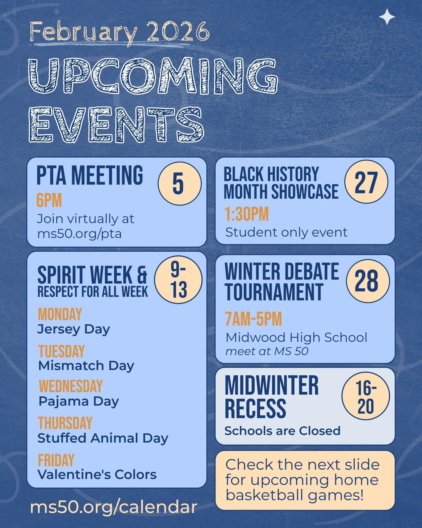 Check out what&rsquo;s coming up this month at MS 50! Hard to believe there are only 5 months left of the school year!