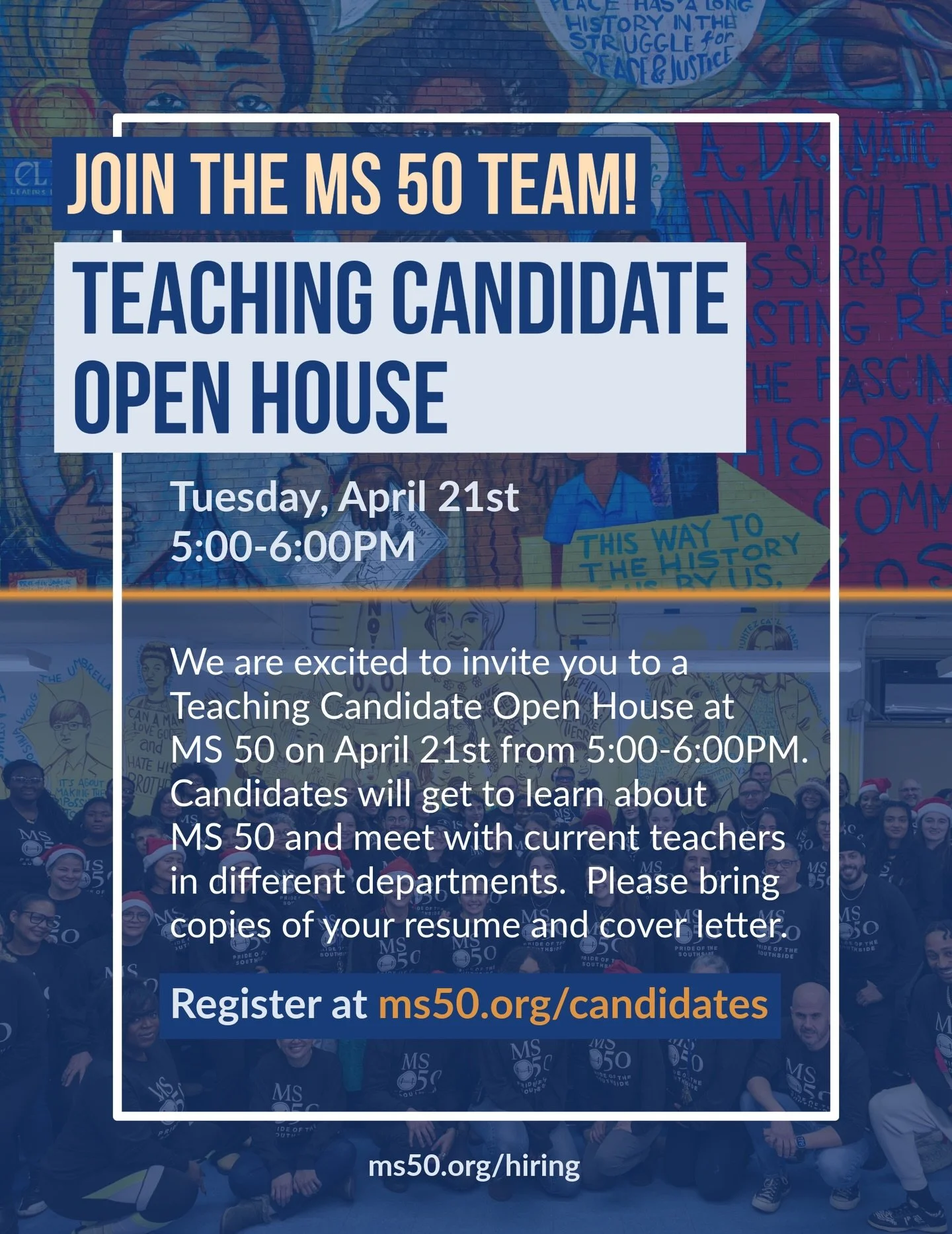 We are hiring! Interested in joining our team of highly collaborative, creative, diverse and socially conscious educators? We are a growing community and have positions available across departments. 

Want to apply or know someone who would be a good