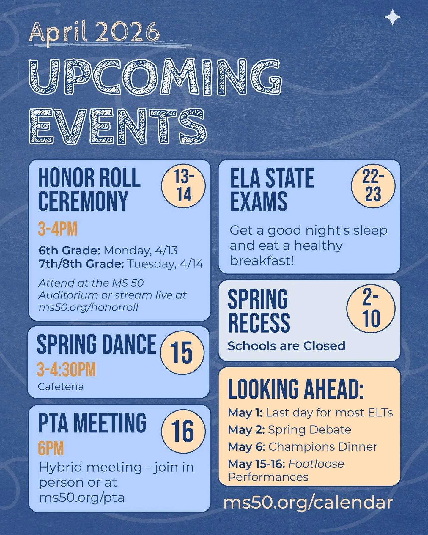 Happy Spring Break MS 50 students! Get lots of rest because we&rsquo;ve got a ton of fun activities and events starting right when we get back!