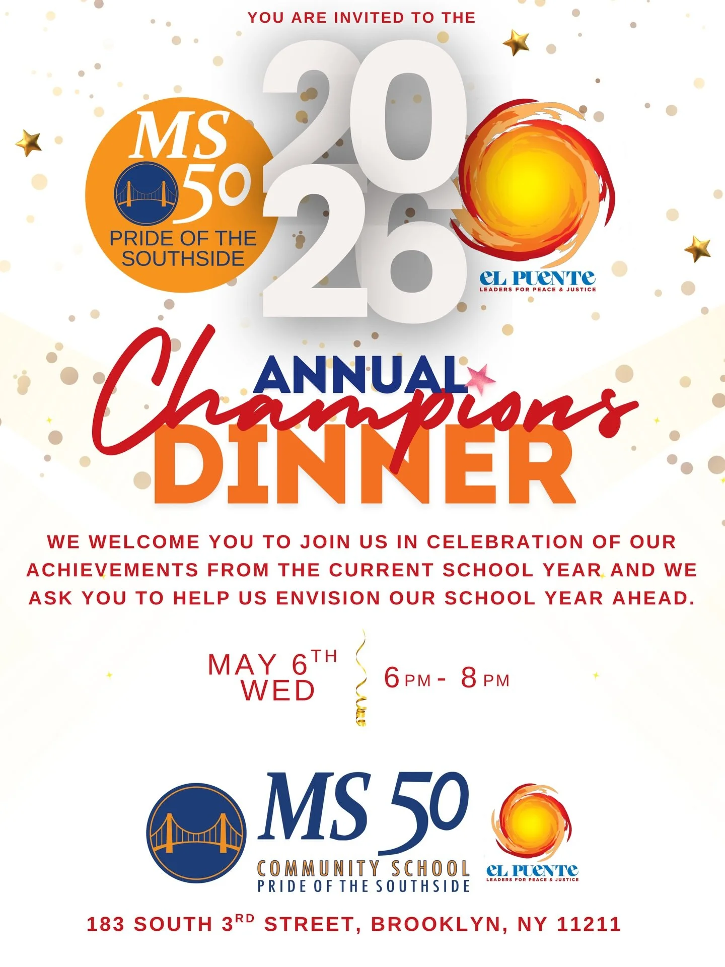 Save the Date for our annual Champions Dinner hosted by our El Puente Community Schools team on Wednesday, May 6th from 6-8PM at MS 50! We will break bread together, reflect on the achievements of the past year, and begin planning for the next school