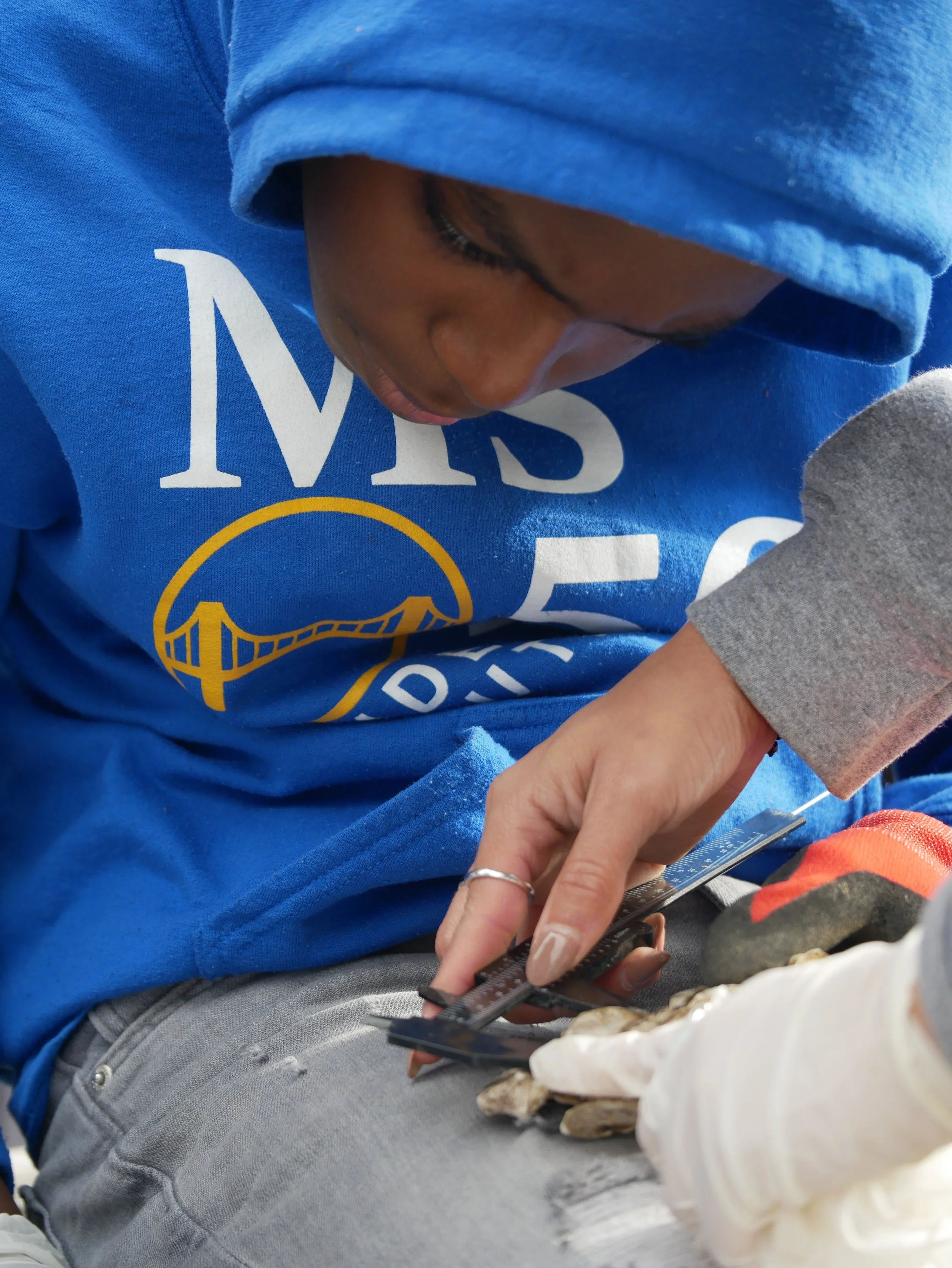 staff helps a student measure an oyster