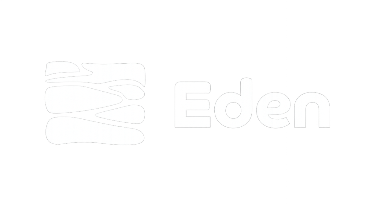 Eden logo with stylized white tree on black background