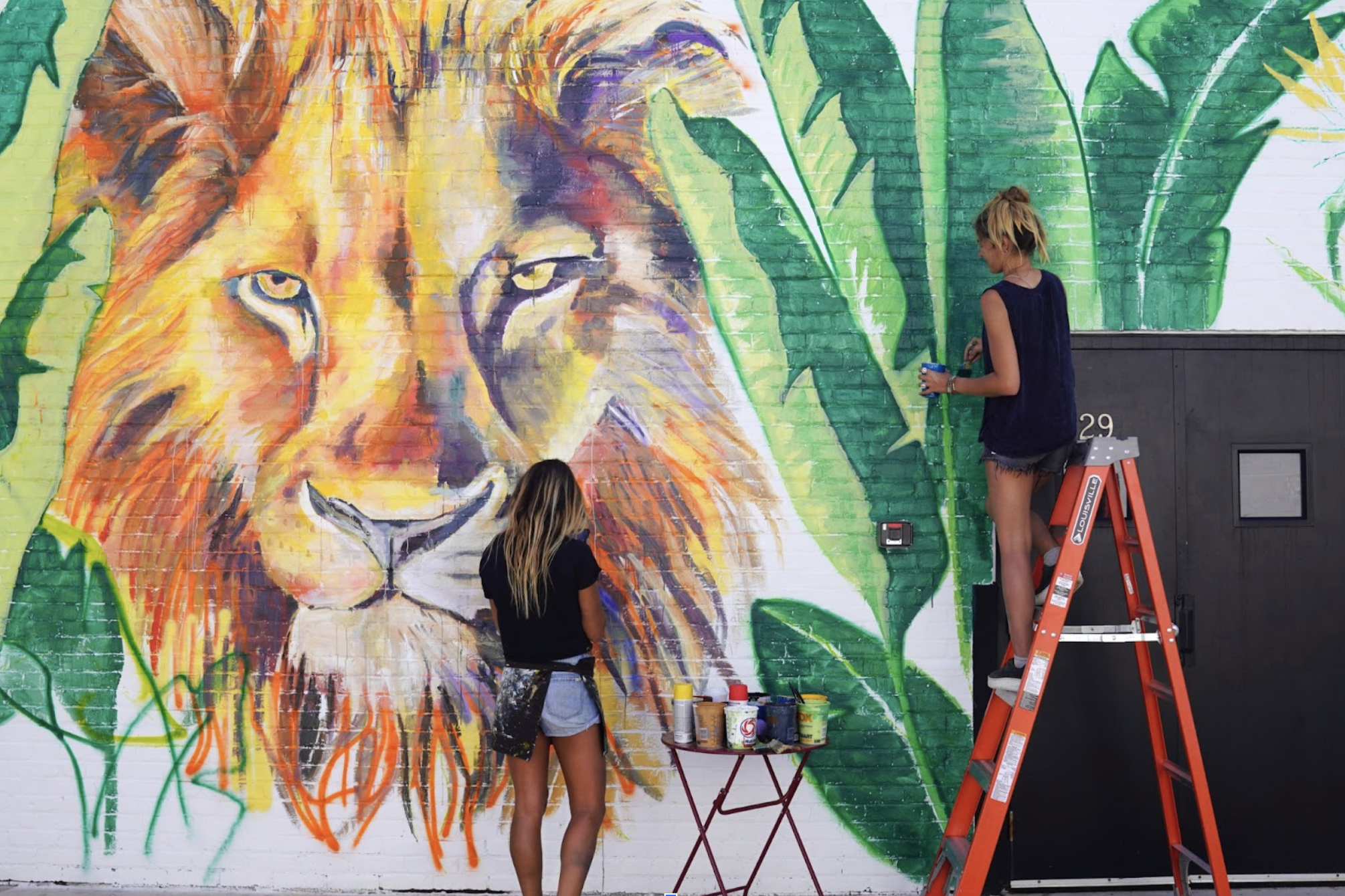 Two young women painting a colorful mural of a lion on a brick wall, with one standing on a ladder and the other standing on the ground.