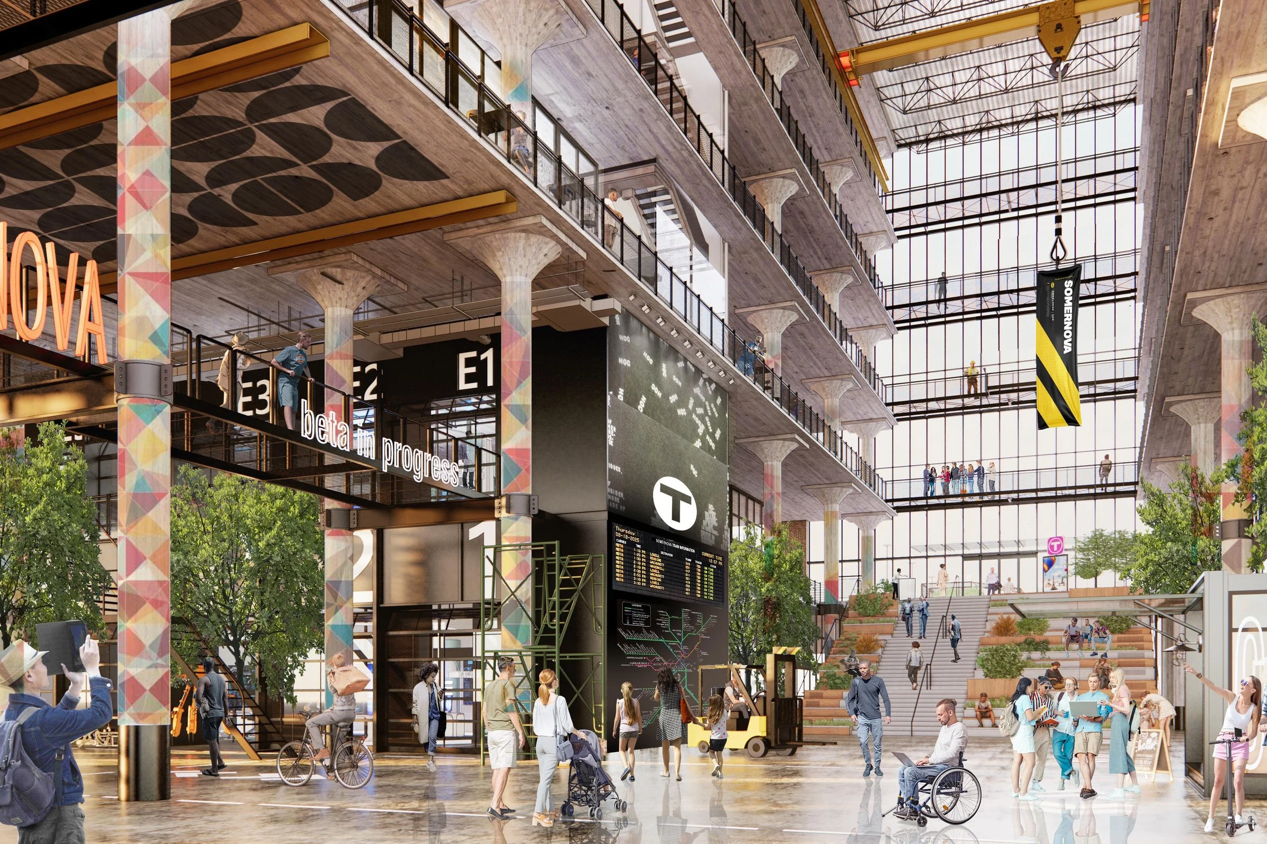 Interior of a modern multi-level building with people walking, cycling, and using stairs and elevators, featuring large glass windows, digital display screens, and colorful vertical columns.