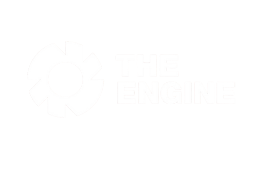 A black background with a white gear icon and the text 'THE ENGINE' in bold, uppercase letters.
