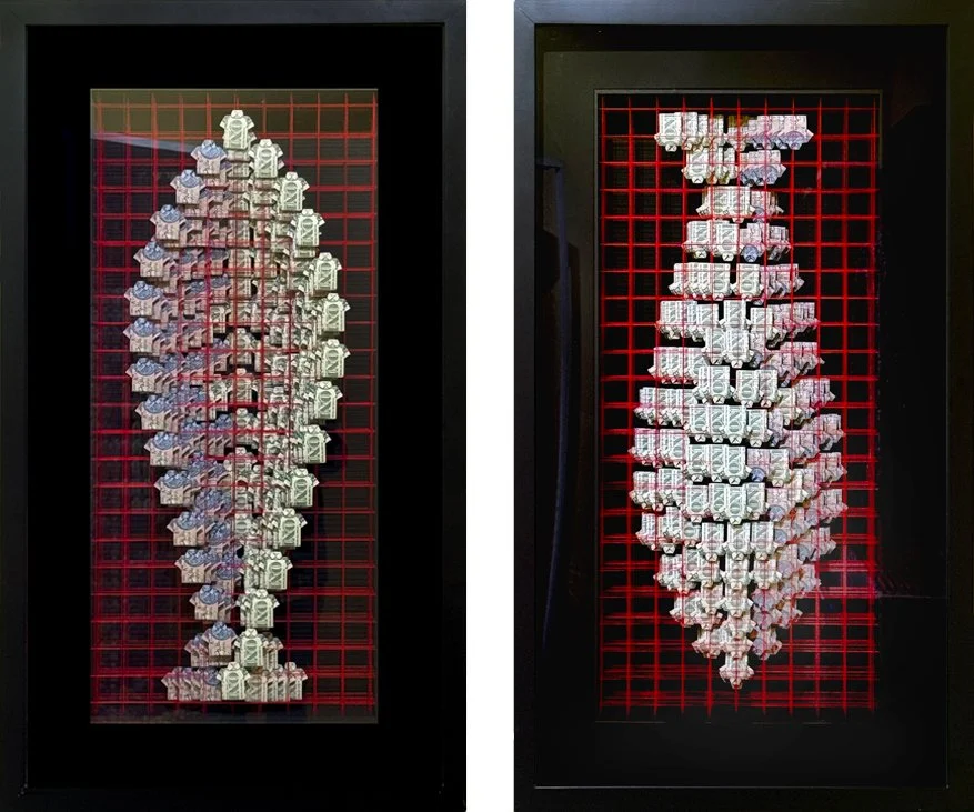 The Poetics of Emptiness – Yin Yang’ (Diptych)
116cmH x 135cmW x 22cmD
Recontextualized US and Iraqi currencies, cotton thread
$42,000