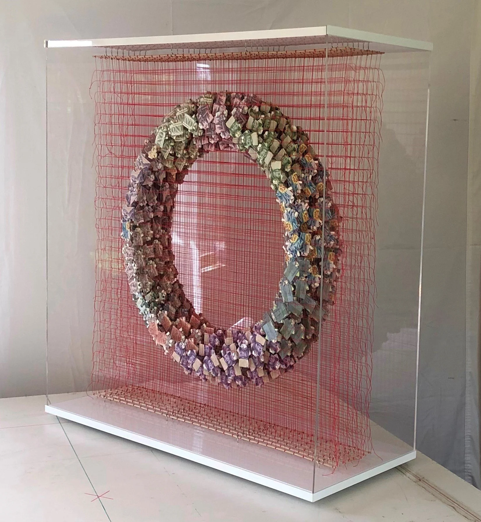 ‘Oneness’
101cmH x 100cmW x 40cmD
Plinth included
205cmH x 100cmW x 40cmD
Iraqi, Cambodian, Indonesian, Afghan, US, Laos, Vietnam, China bank notes, cotton thread aluminium and acrylic.
$37,000