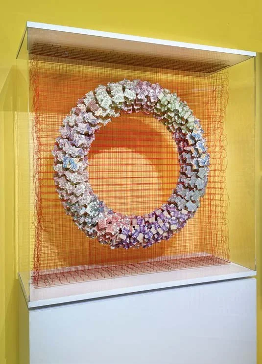Glenn Clarke
‘Oneness’
101cmH x 100cmW x 40cmD
Plinth included
205cmH x 100cmW x 40cmD
Iraqi, Cambodian, Indonesian, Afghan, US, Laos, Vietnam, China bank notes, cotton thread aluminium and acrylic.
$37,000