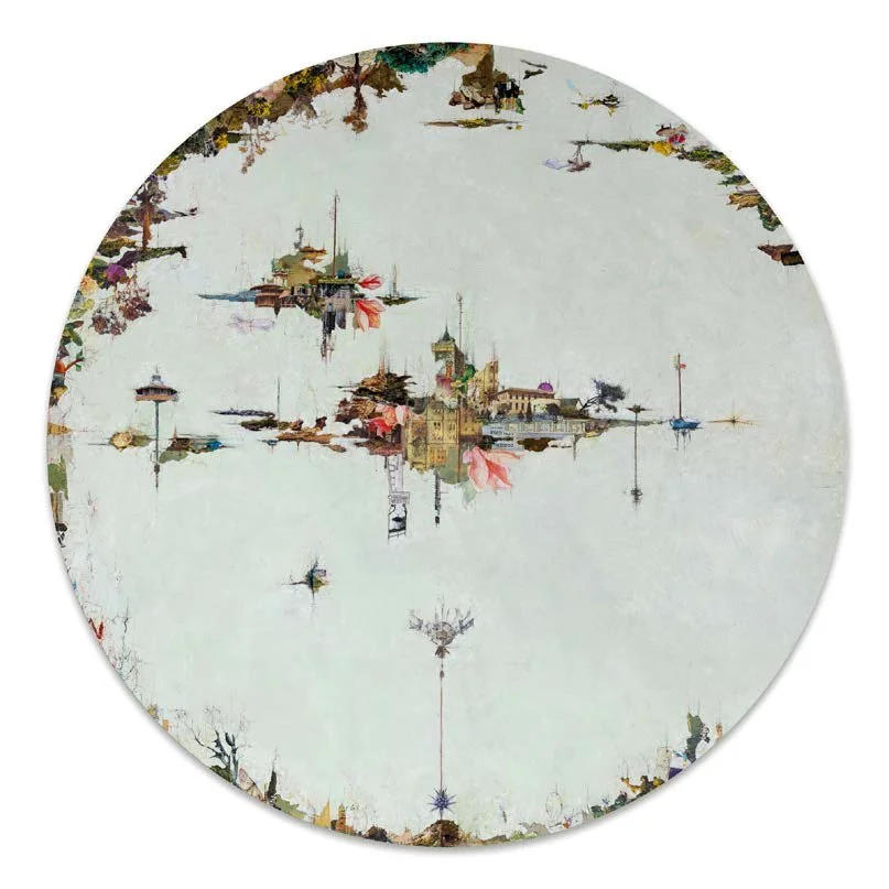 Antipodean
Collage, book paper, ink, acrylic paint and pencil on board,
100cm round
$11,000