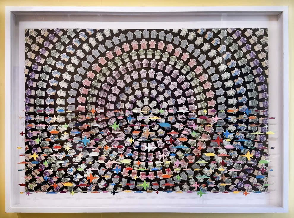 ‘Asymmetrical Multipolarity Sunrise’
124cmH x 171cmW x 13cmD
Recontextualized world currencies, cut paper
$35,000