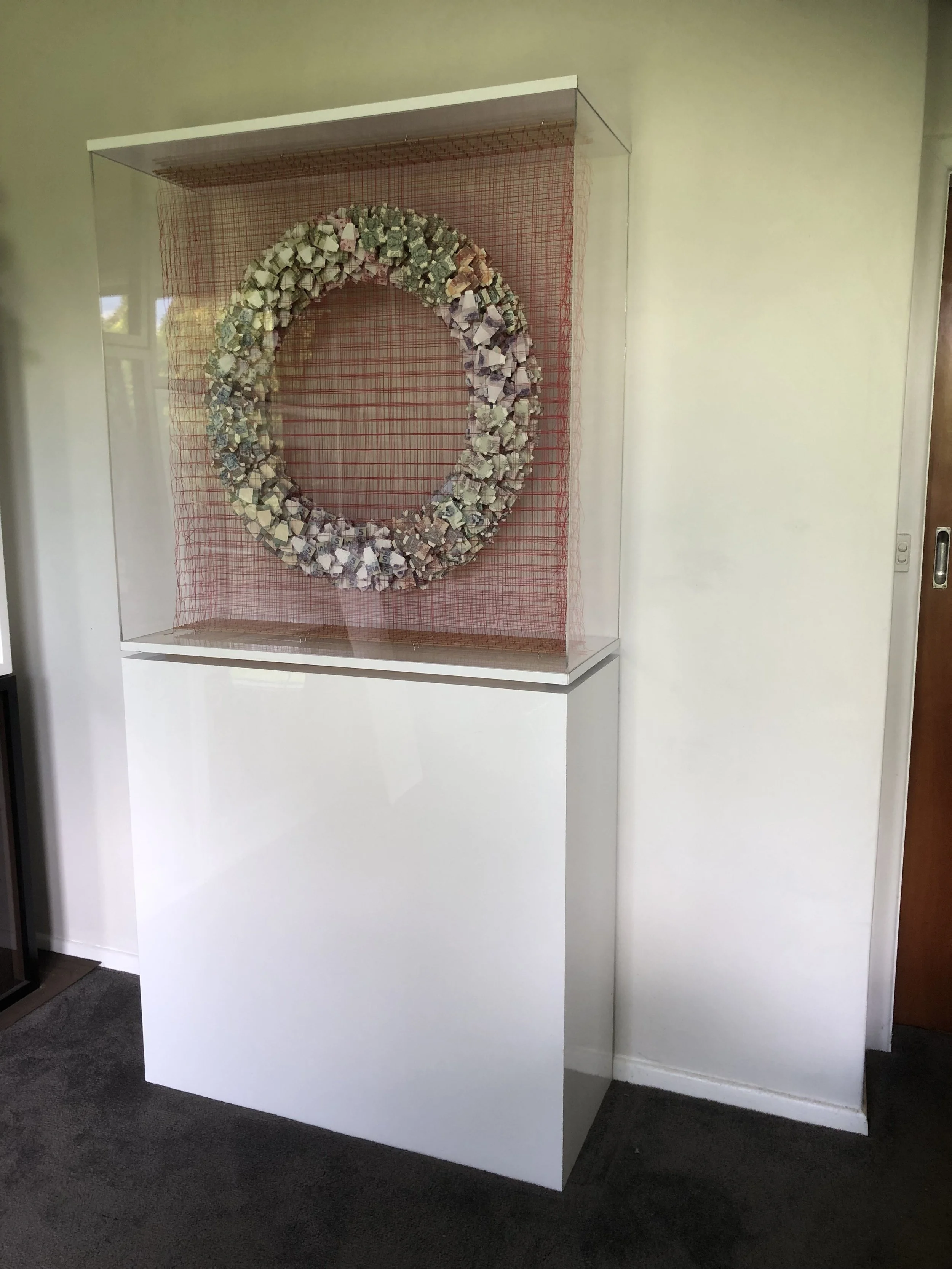 ‘Oneness’
101cmH x 100cmW x 40cmD
Plinth included
205cmH x 100cmW x 40cmD
Iraqi, Cambodian, Indonesian, Afghan, US, Laos, Vietnam, China bank notes, cotton thread aluminium and acrylic.
$37,000