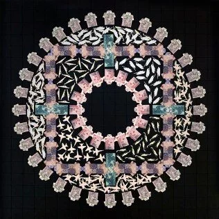 ‘Bodhisattva, Won’t You Take Me By The Hand’ 80cmH x 80cmW x 5cmD.
Vietnam Dong, Iraqi Dinar, Cambodian Riel, cut paper,
cotton thread on paper.
$12,200